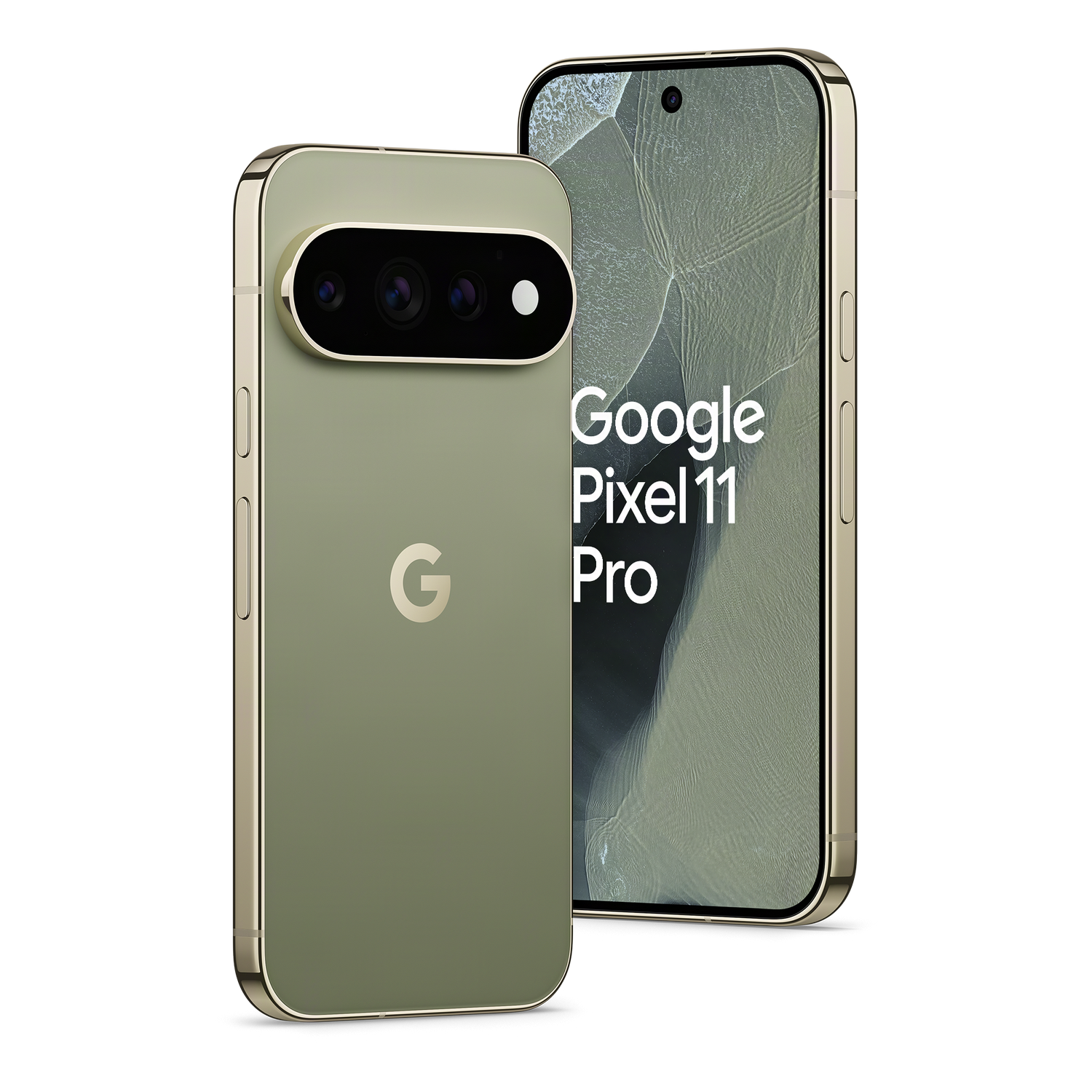 Dos smartphones Google Pixel 11 Pro verde salvia sobre fondo negro, mostrando parte trasera y delantera.