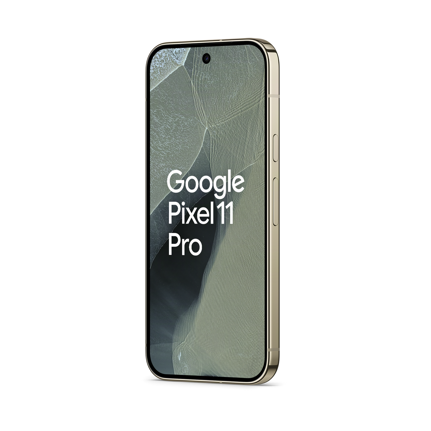 Un smartphone dorado Google Pixel 11 Pro con fondo de ondas y texto en pantalla, sobre un fondo negro.