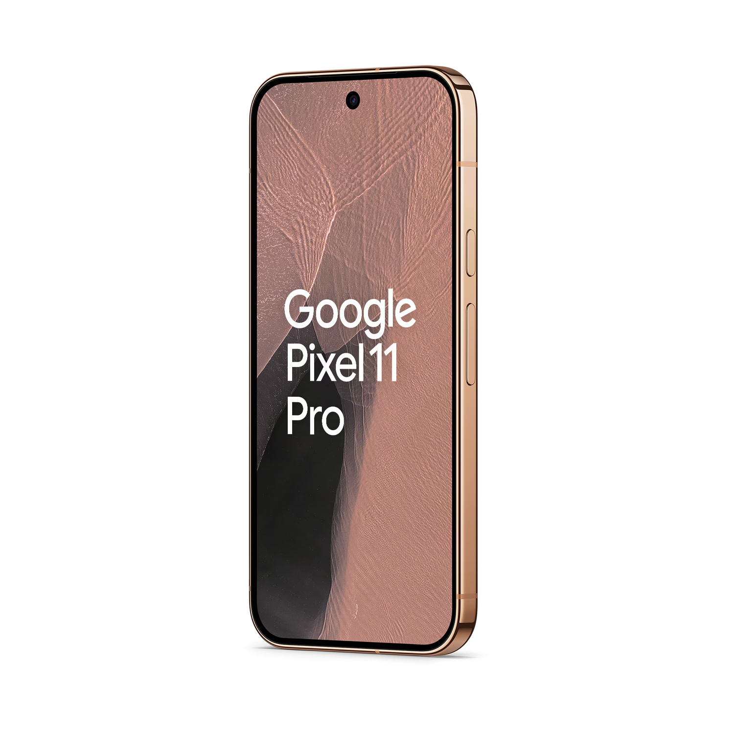 Un smartphone Google Pixel 11 Pro de oro rosa sobre fondo negro con texto en la pantalla.