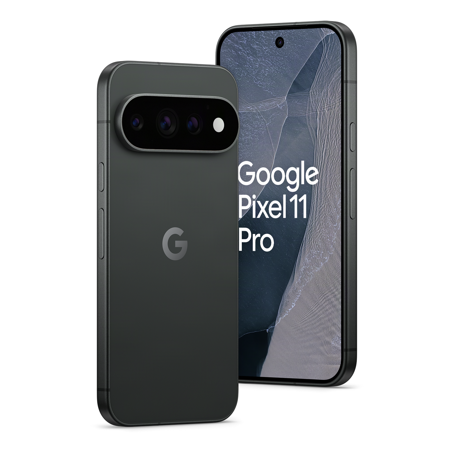 Dos smartphones Google Pixel 11 Pro negros sobre fondo negro, uno mostrando la pantalla y otro la cámara trasera.