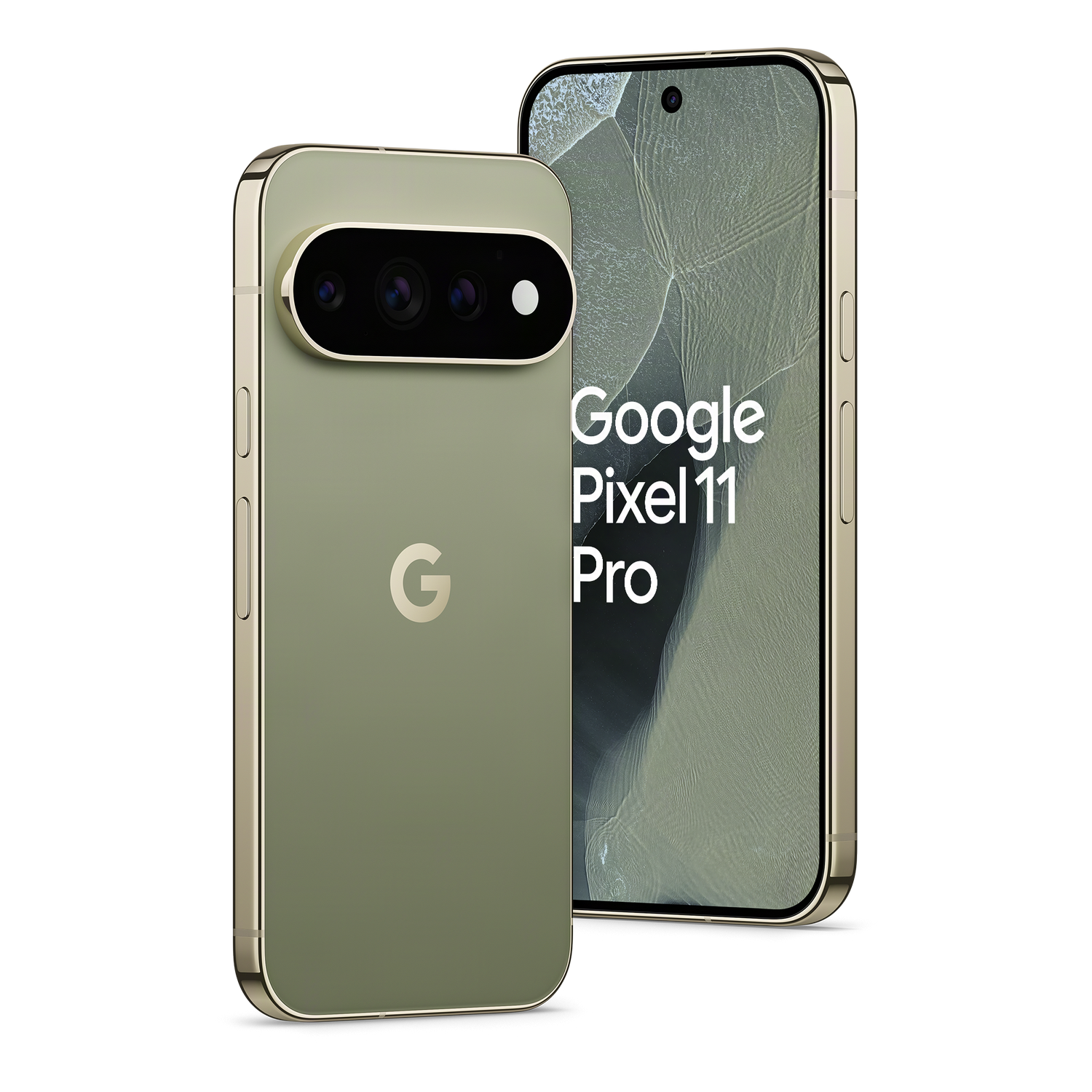 Dos teléfonos Google Pixel 11 Pro de color verde menta sobre fondo negro; vista trasera a la izquierda y pantalla a la derecha.