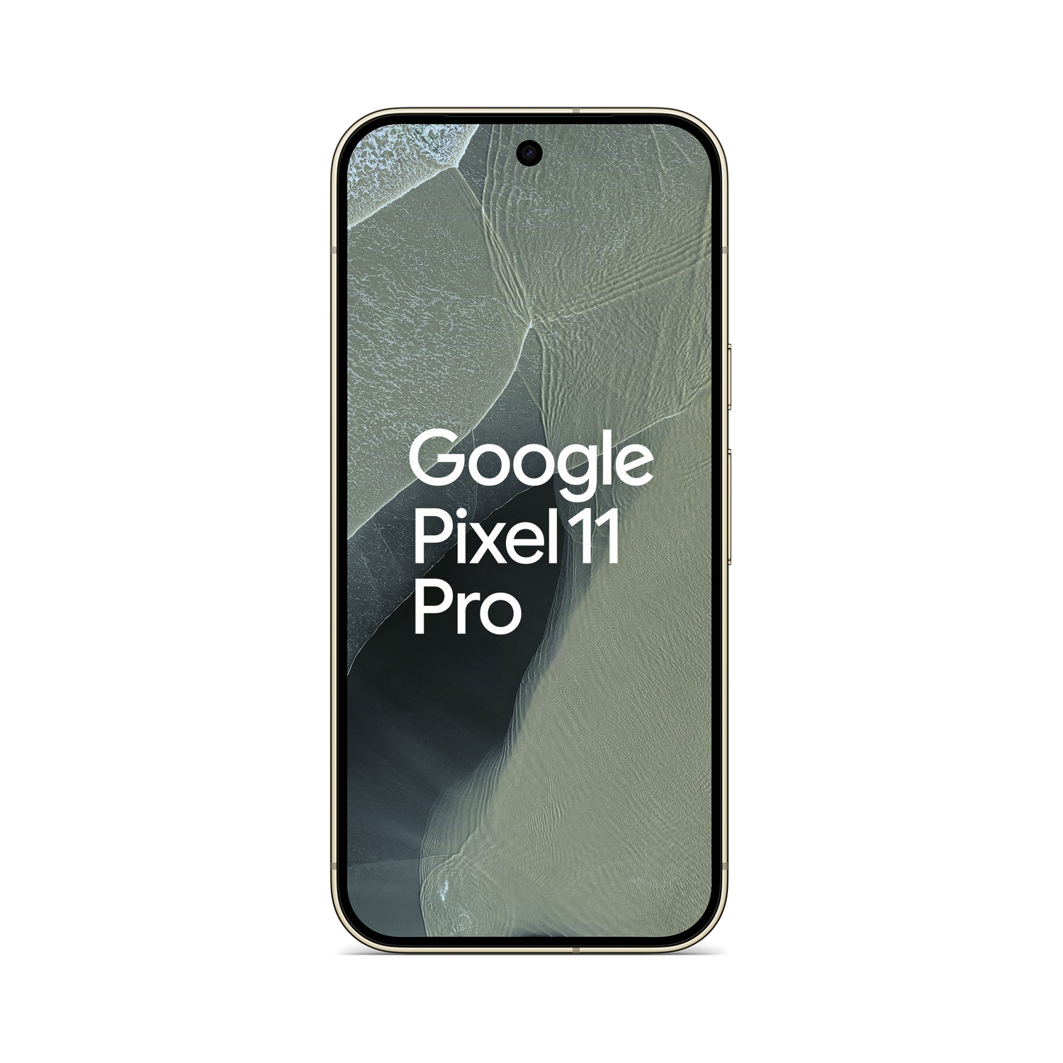 Un smartphone Google Pixel 11 Pro dorado sobre fondo negro con un fondo de ondas y texto.