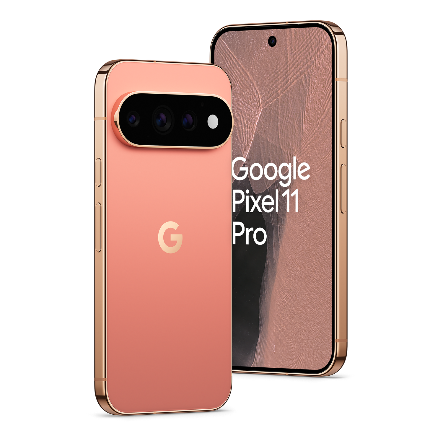 Dos teléfonos inteligentes Google Pixel 11 Pro en oro rosa se muestran sobre fondo negro.