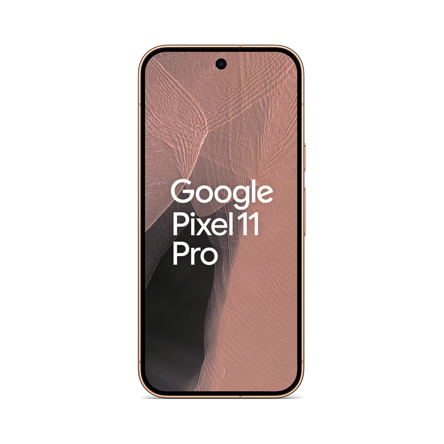 Un smartphone dorado Google Pixel 11 Pro con fondo rosa ondulado y texto blanco en la pantalla.