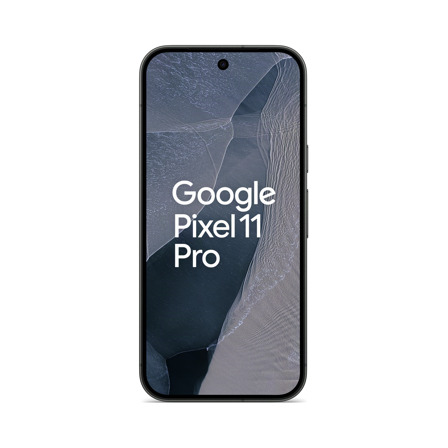 Un teléfono inteligente muestra el texto Google Pixel 11 Pro sobre un fondo abstracto gris oscuro.