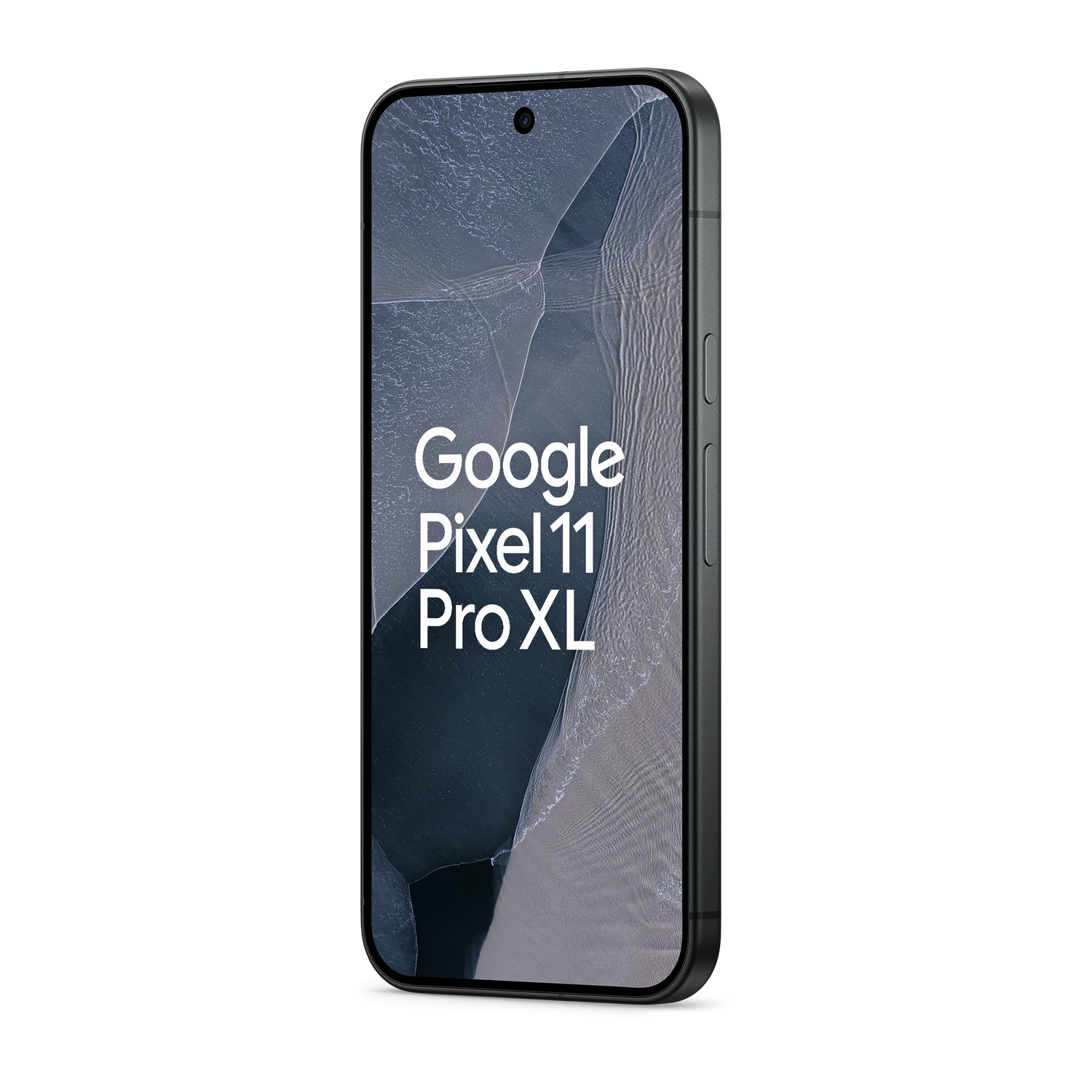 Smartphone negro Google Pixel 11 Pro XL sobre fondo negro con texto en pantalla.