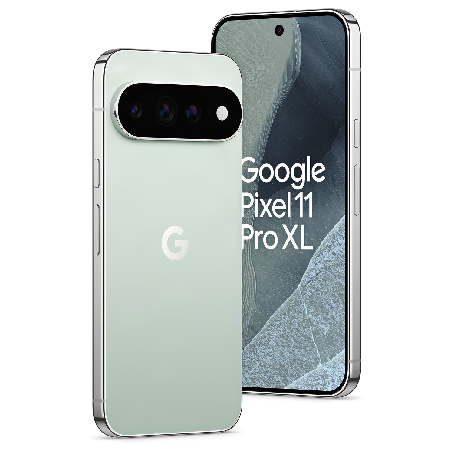 Dos teléfonos inteligentes Google Pixel 11 Pro XL verde claro sobre fondo negro.