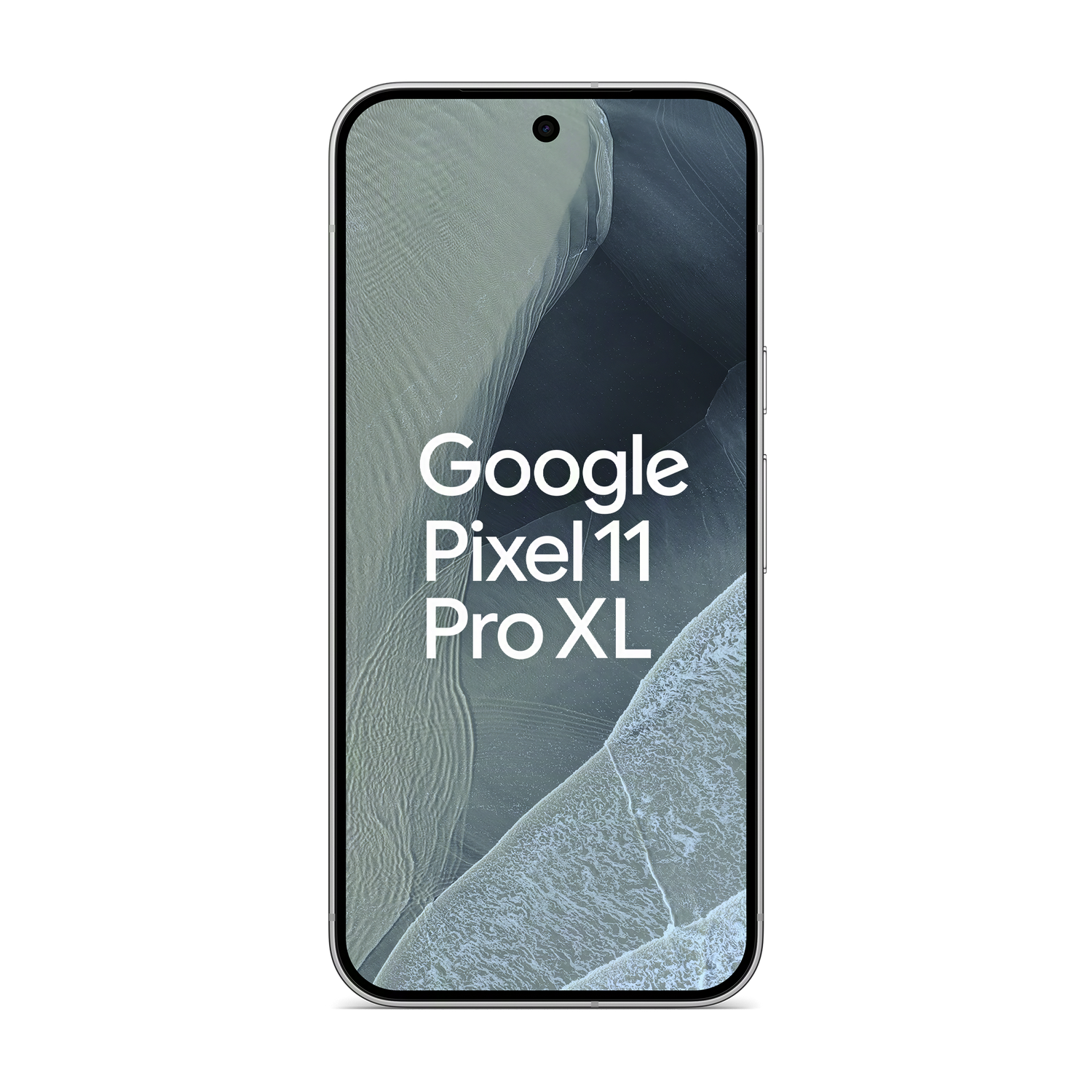 Un smartphone plateado Google Pixel 11 Pro XL sobre fondo negro con un fondo de pantalla geológico aéreo en la pantalla.
