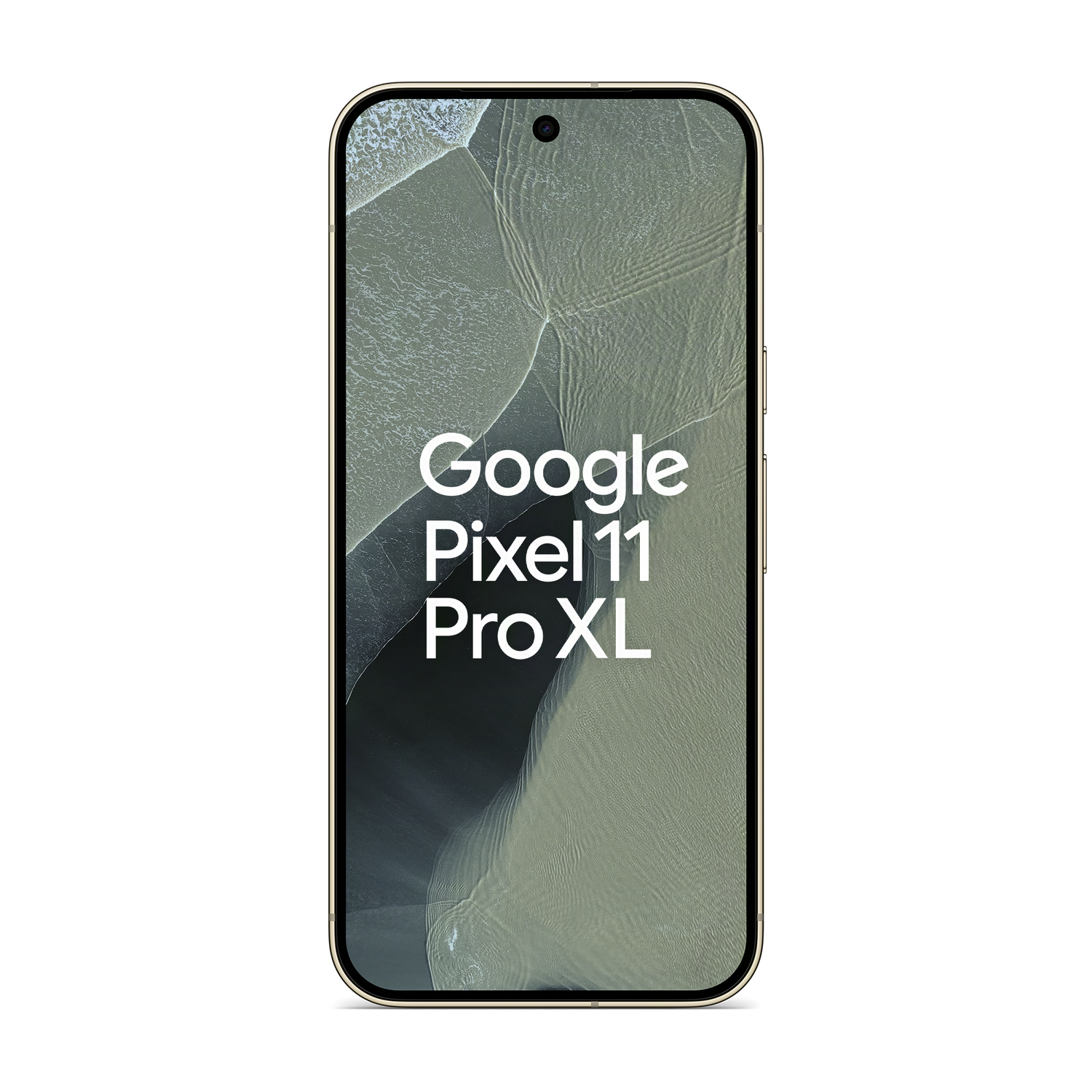 Un teléfono dorado Google Pixel 11 Pro XL muestra un fondo abstracto verde.