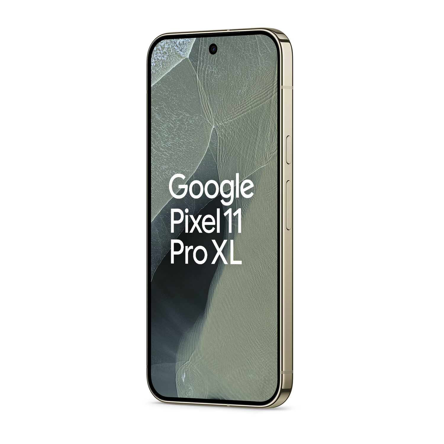 Un smartphone dorado con pantalla verde muestra el texto Google Pixel 11 Pro XL sobre un fondo negro.