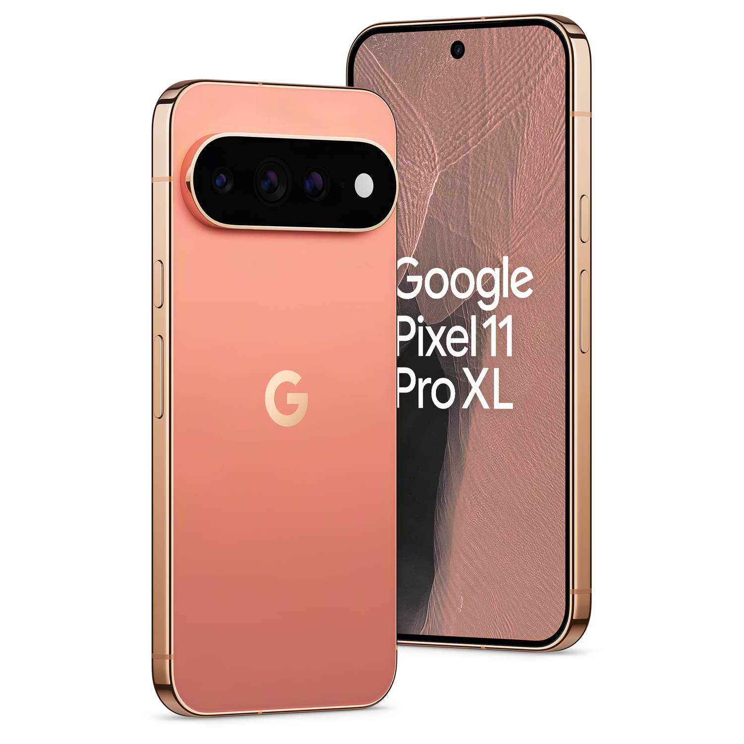 Dos teléfonos inteligentes Google Pixel 11 Pro XL de color rosa sobre fondo negro.