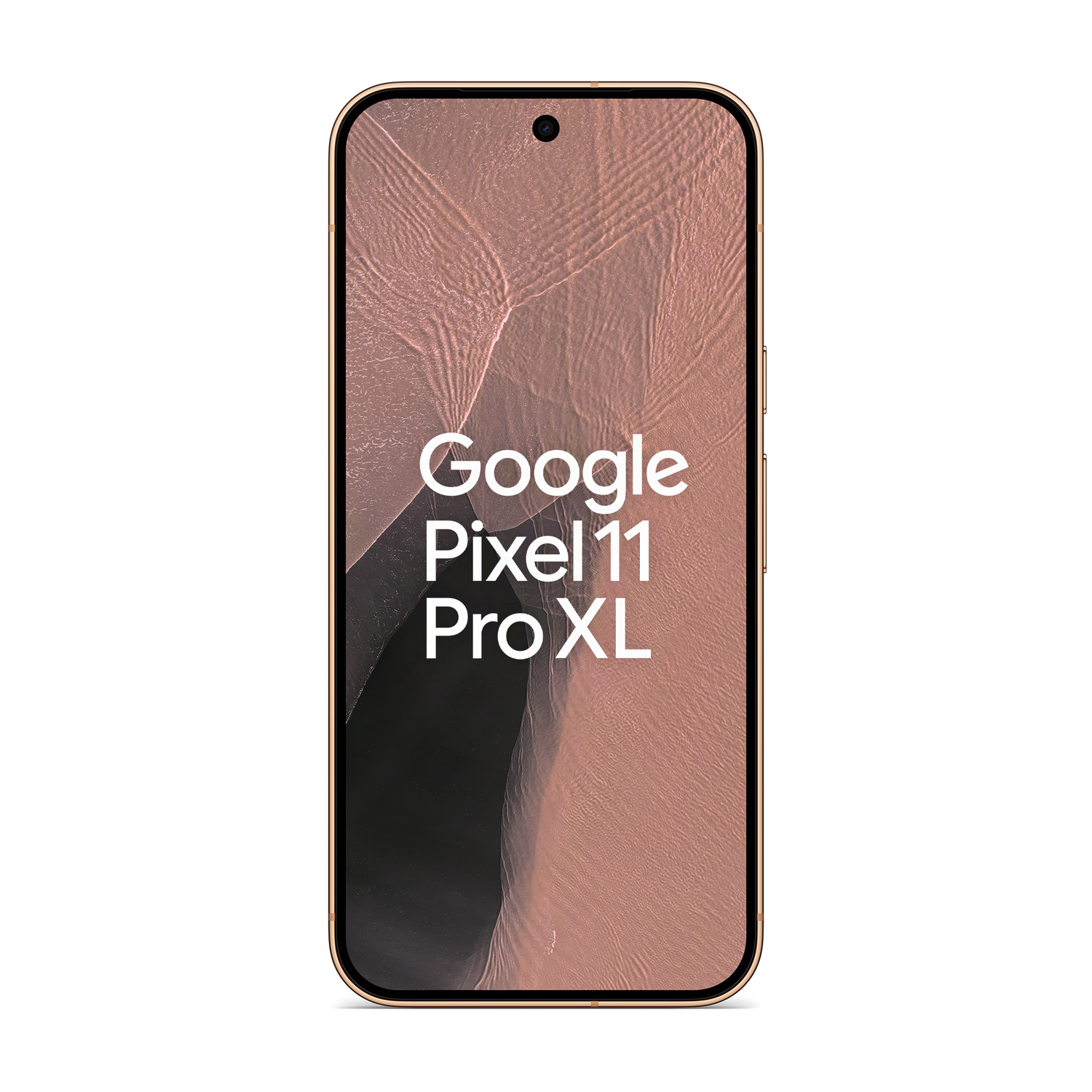 Un teléfono dorado con el texto 'Google Pixel 11 Pro XL' sobre un fondo ondulado y fondo negro.