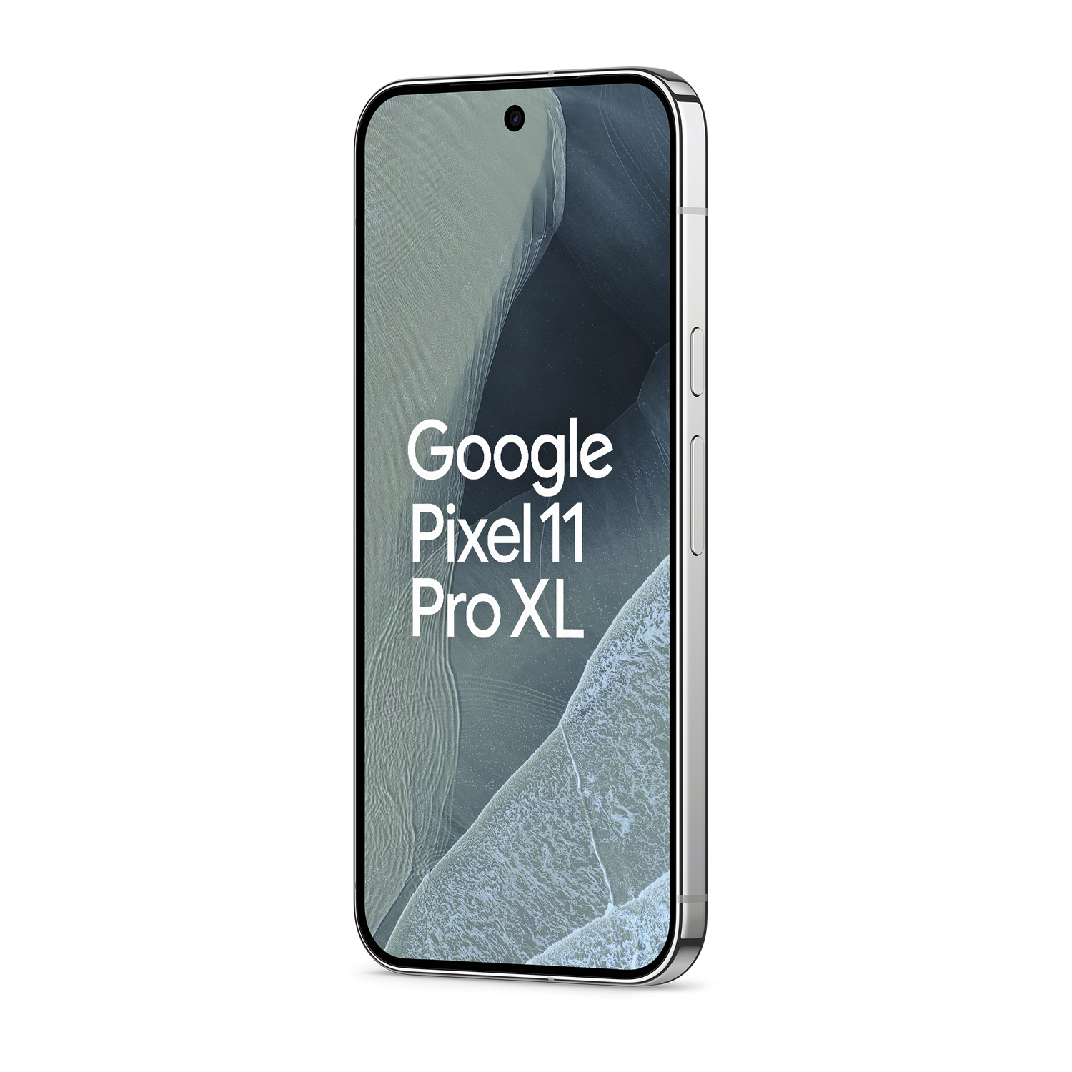 Un teléfono plateado con texto en la pantalla sobre fondo negro.