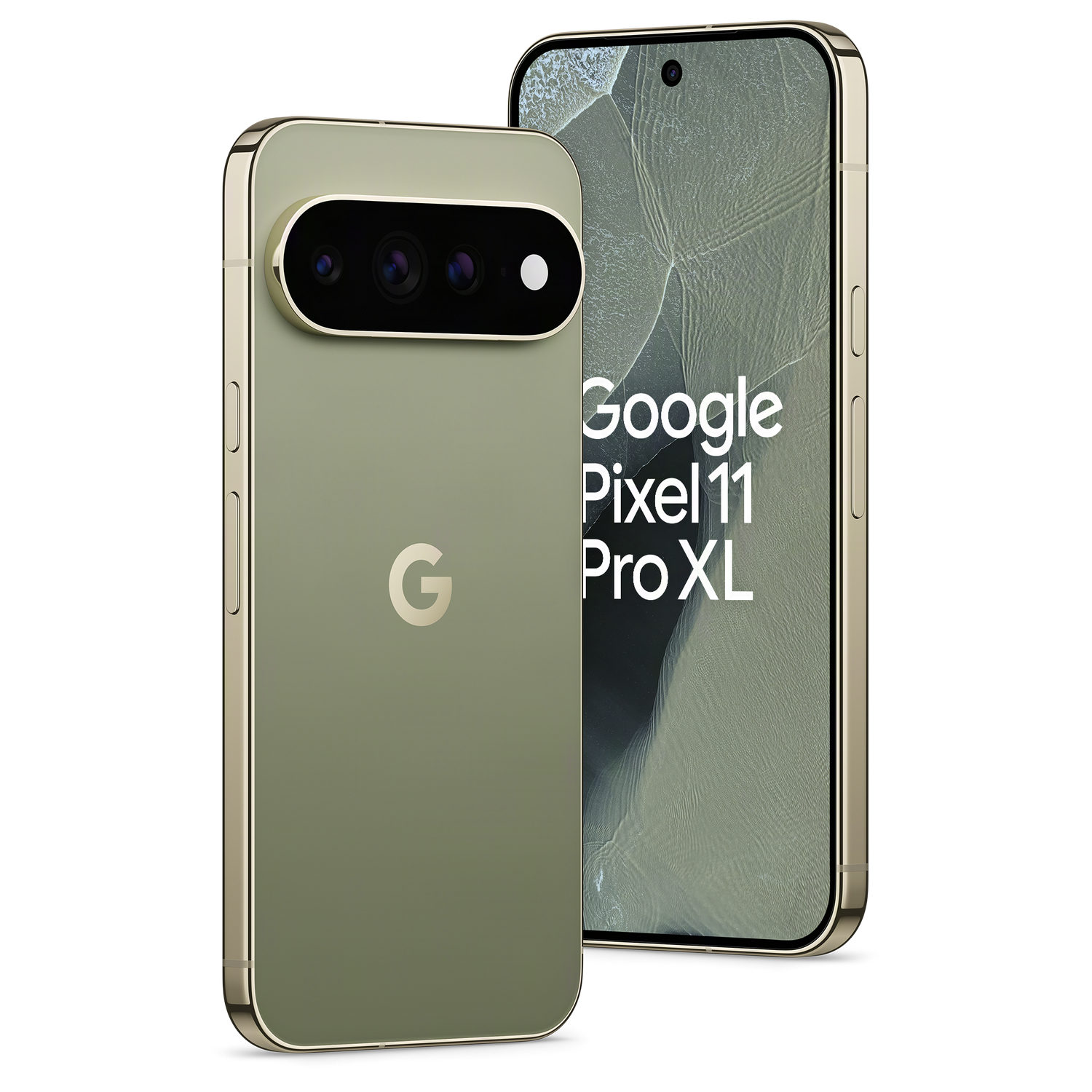Dos teléfonos inteligentes Google Pixel 11 Pro XL verde claro sobre un fondo negro.