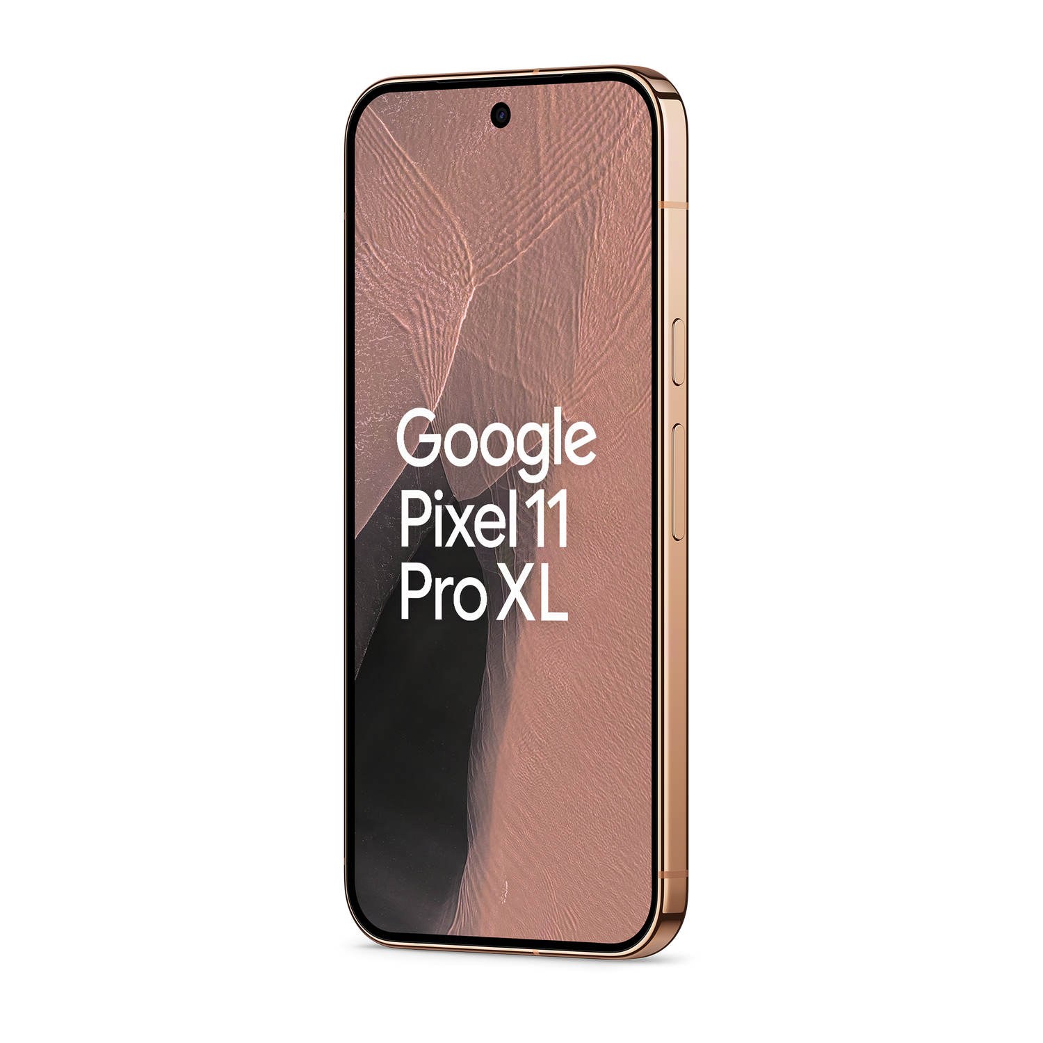 Un smartphone Google Pixel 11 Pro XL en oro rosa sobre fondo negro.