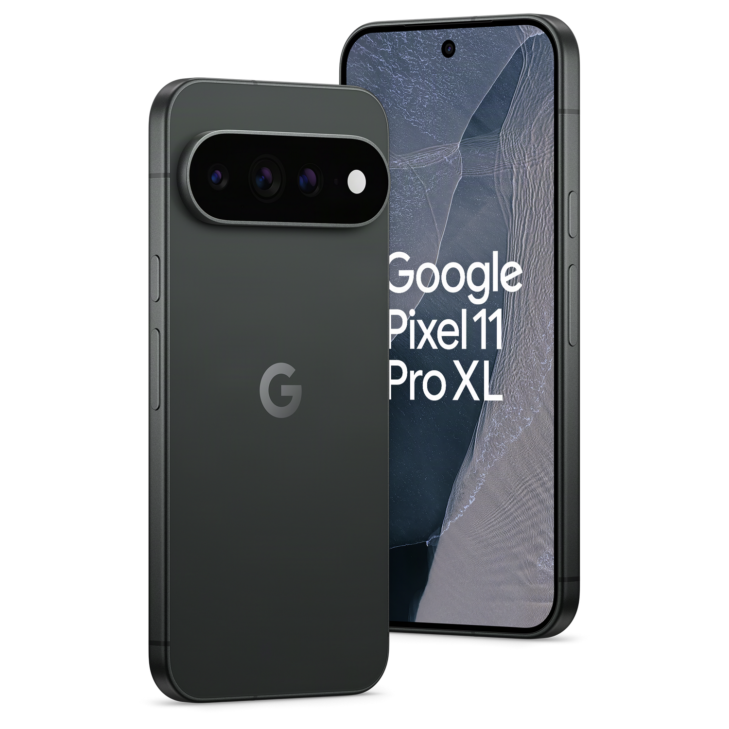 Dos smartphones grises Google Pixel 11 Pro XL sobre fondo negro, mostrando la parte trasera y delantera.