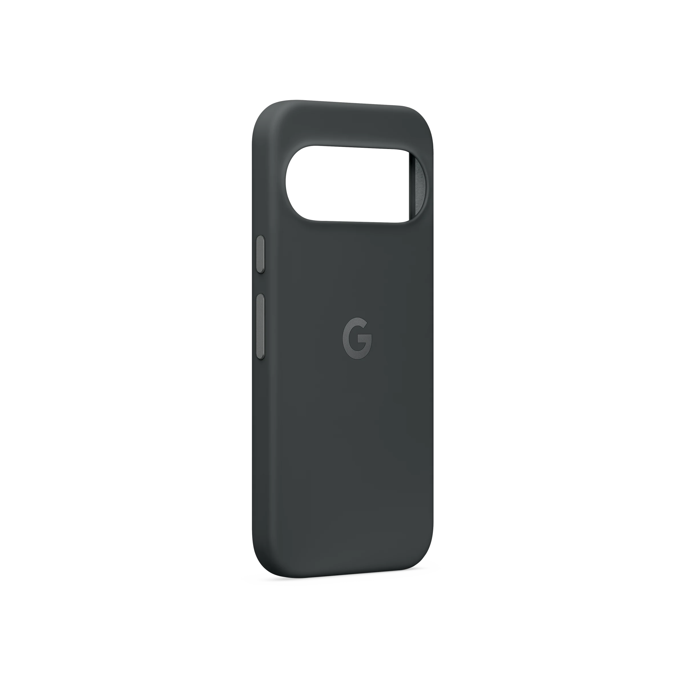 Una funda protectora para teléfono Google Pixel gris oscuro sobre fondo negro con recorte para cámara y logotipo.