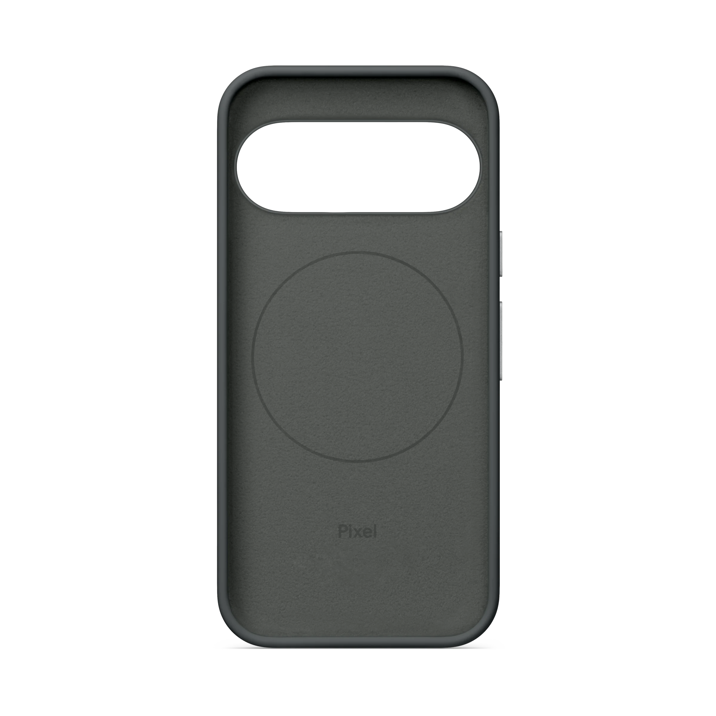 Funda protectora gris oscuro para un smartphone Pixel con un círculo y logo de Pixel.