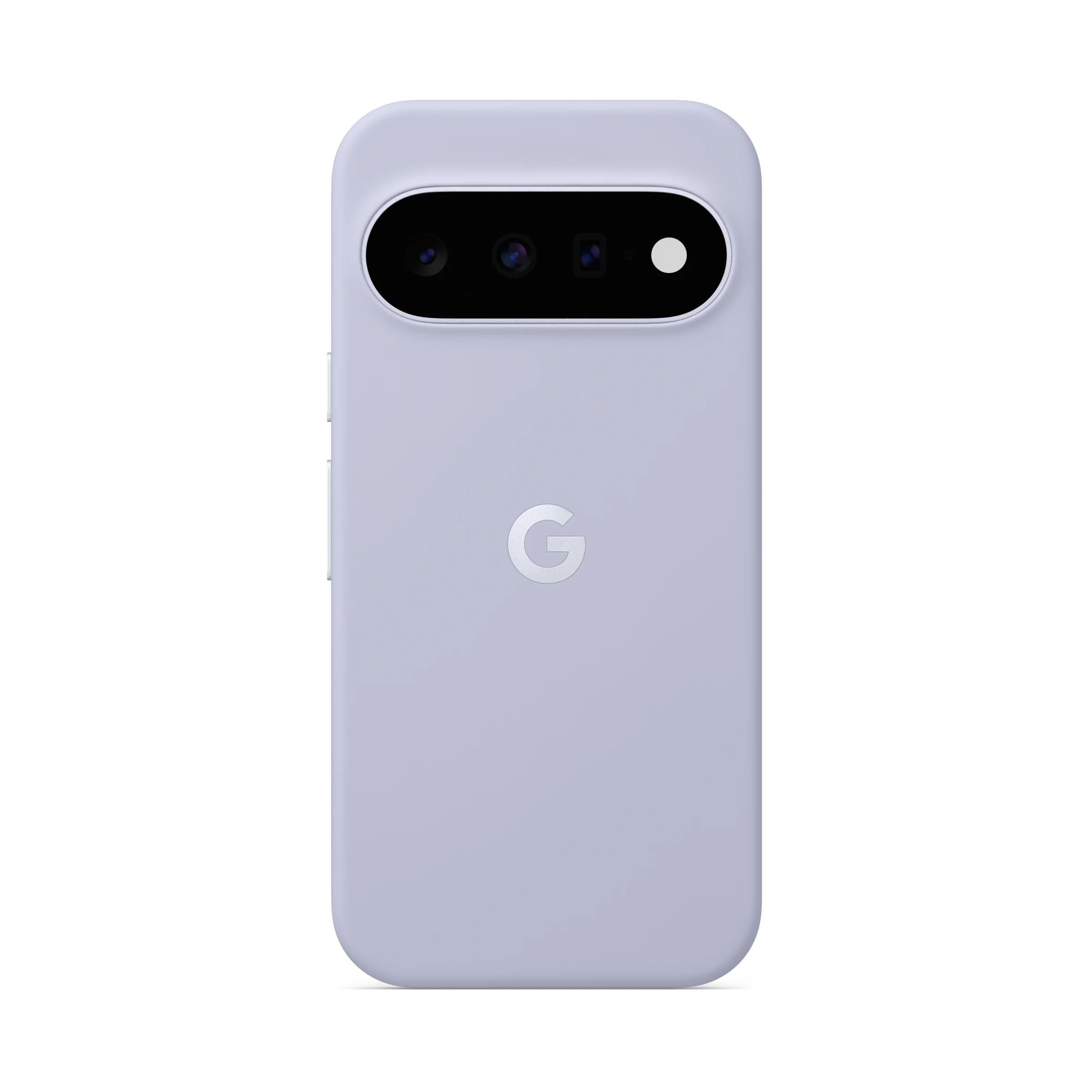 Parte trasera de un smartphone violeta claro con barra de cámara horizontal y logo de Google sobre fondo negro.