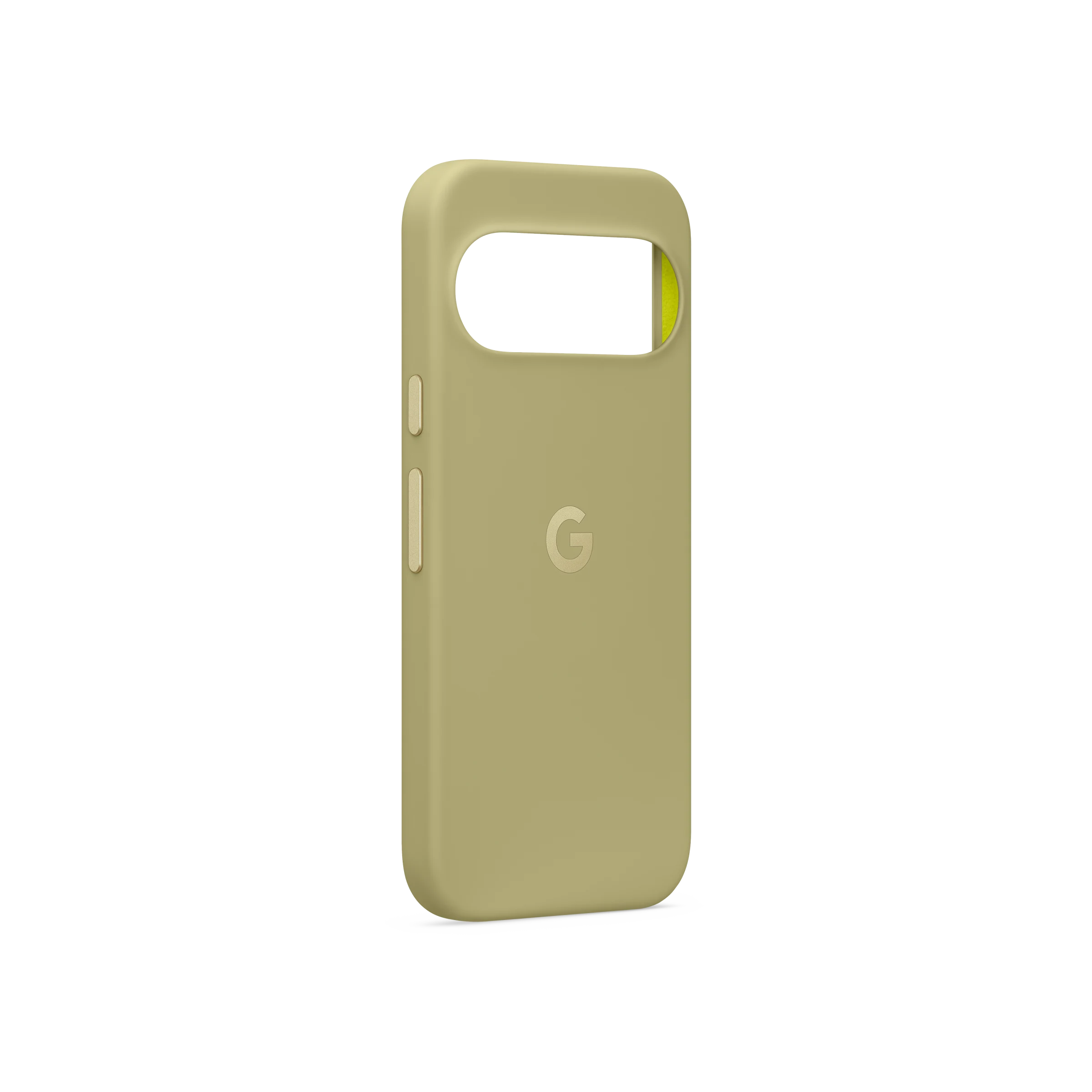 Funda de móvil verde oliva con recorte para cámara y logo de Google sobre fondo negro.