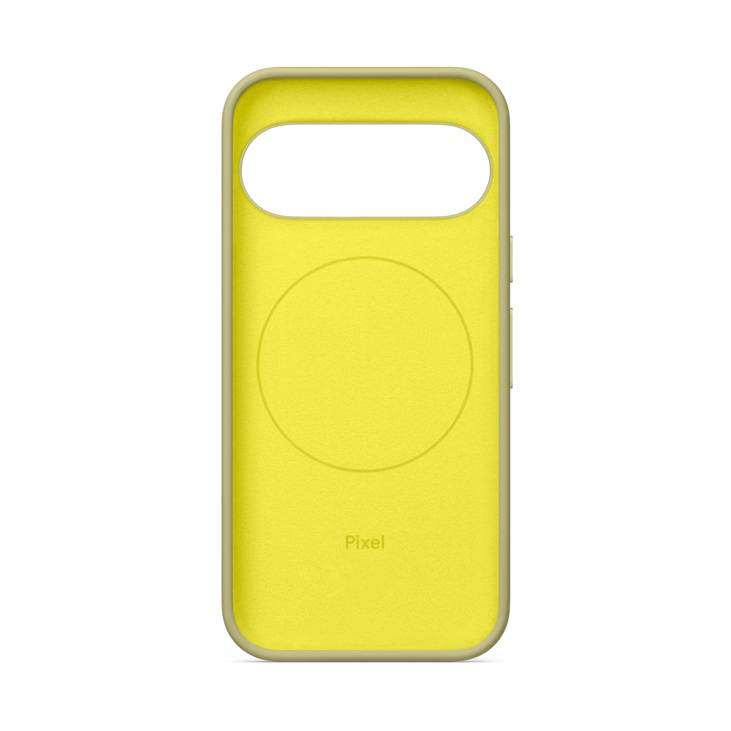 Una funda para smartphone Google Pixel amarillo claro sobre fondo negro.