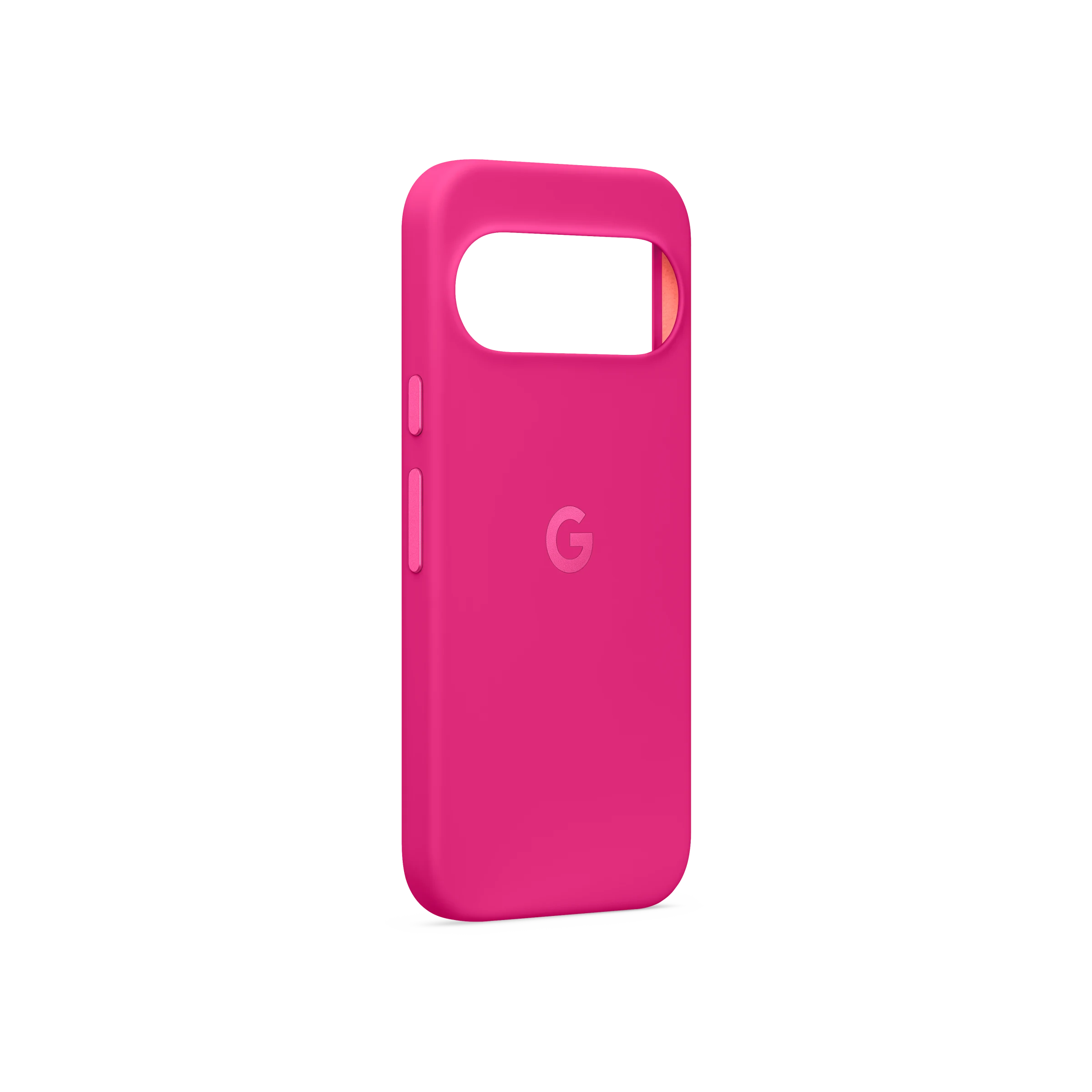Una funda para smartphone de color rosa vibrante con el logo de Google sobre fondo negro.