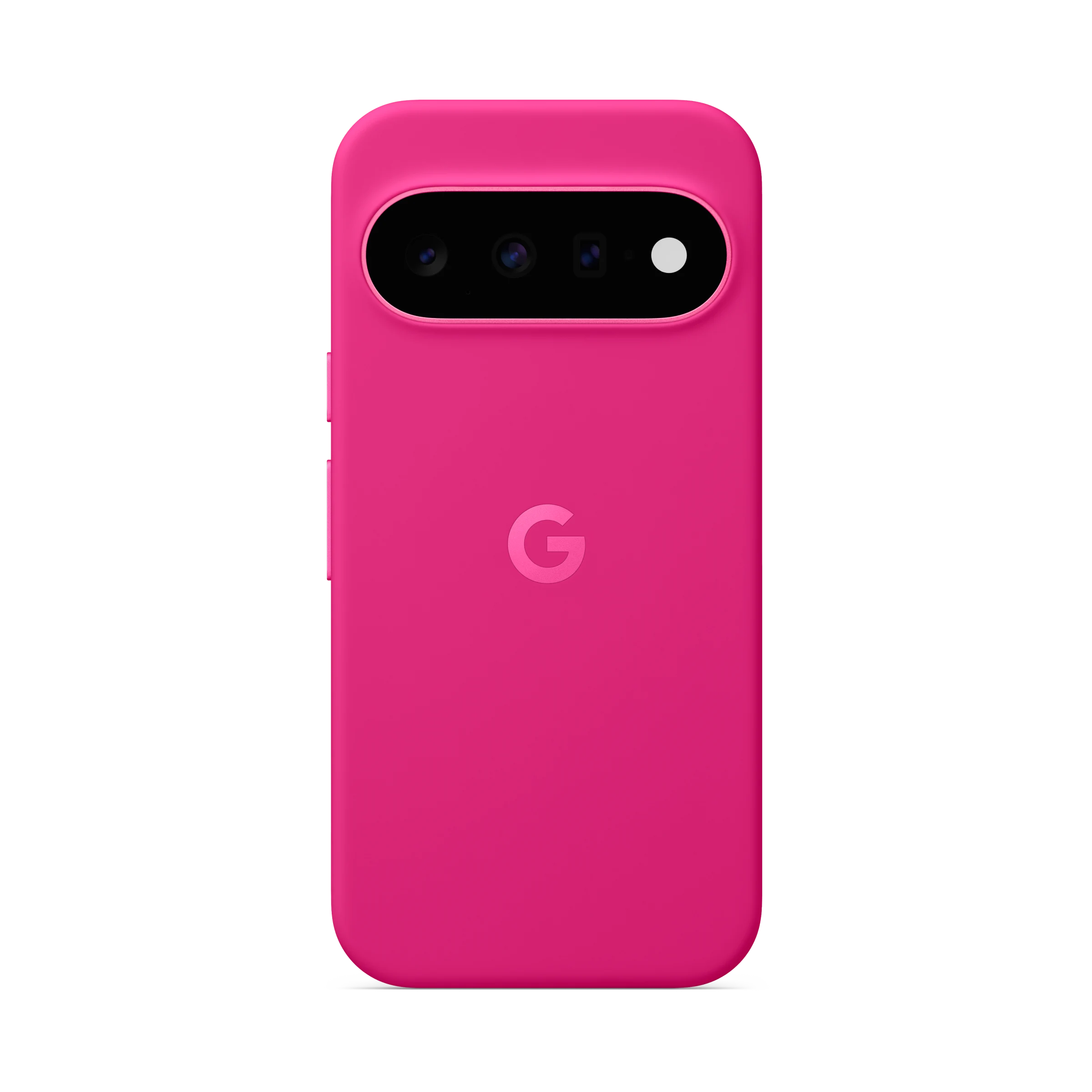 Parte trasera de un smartphone rosa con barra de cámara y logotipo de Google sobre fondo negro.
