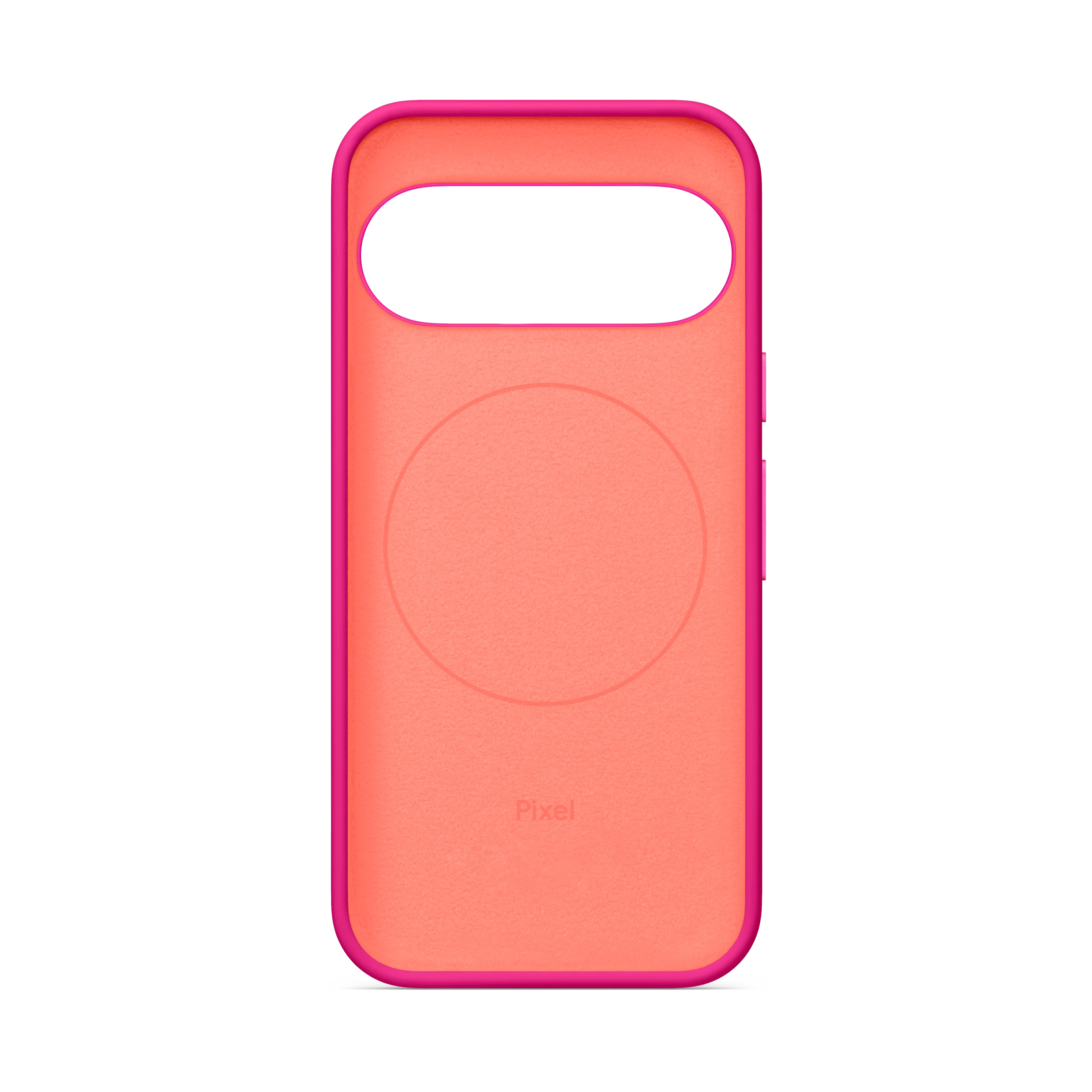 Una funda de móvil rosa con logo circular y recorte para cámara sobre fondo negro.
