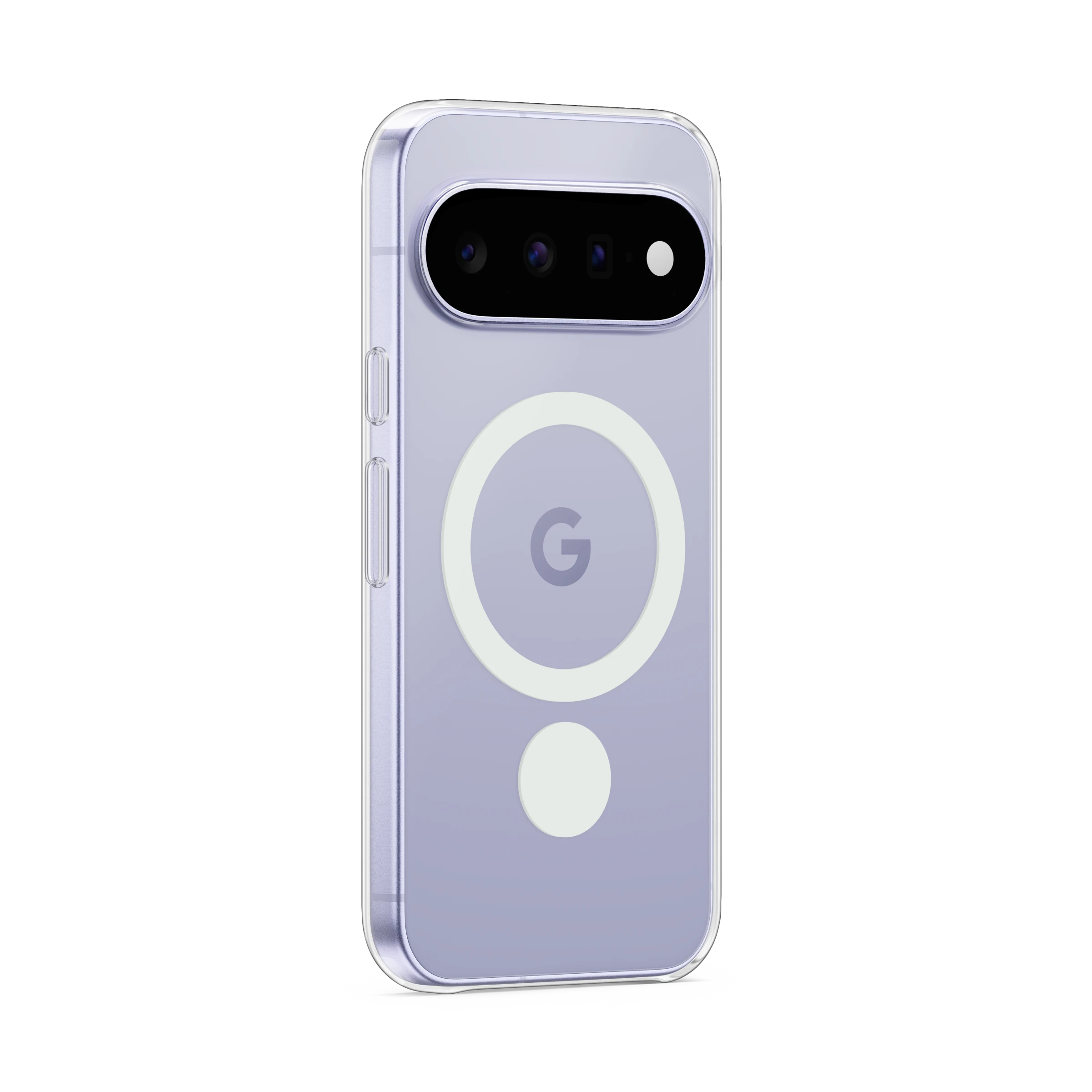 Parte trasera de un smartphone violeta claro con funda protectora transparente y marcador magnético circular.