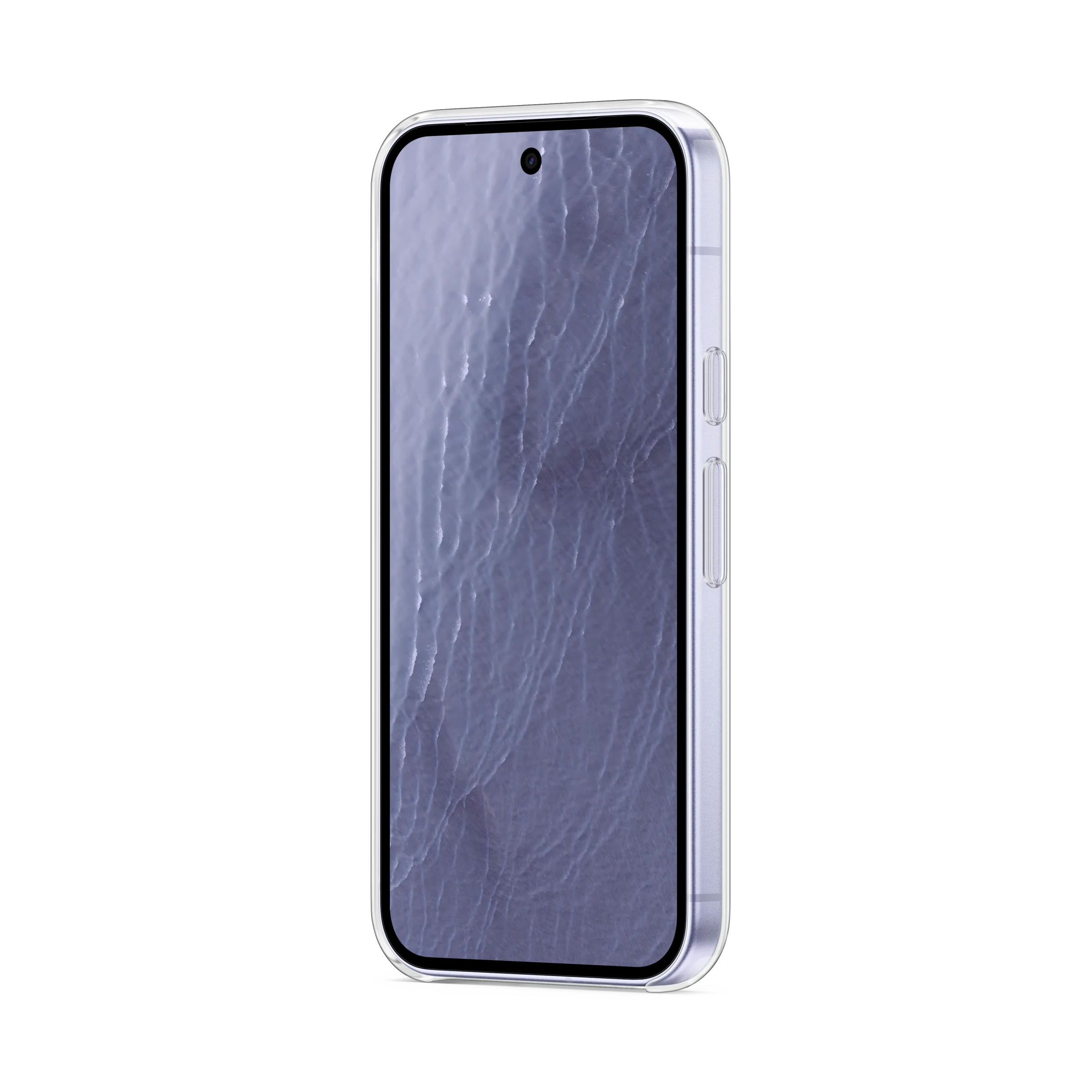 Teléfono inteligente en funda protectora transparente sobre fondo negro con patrón de ondas.