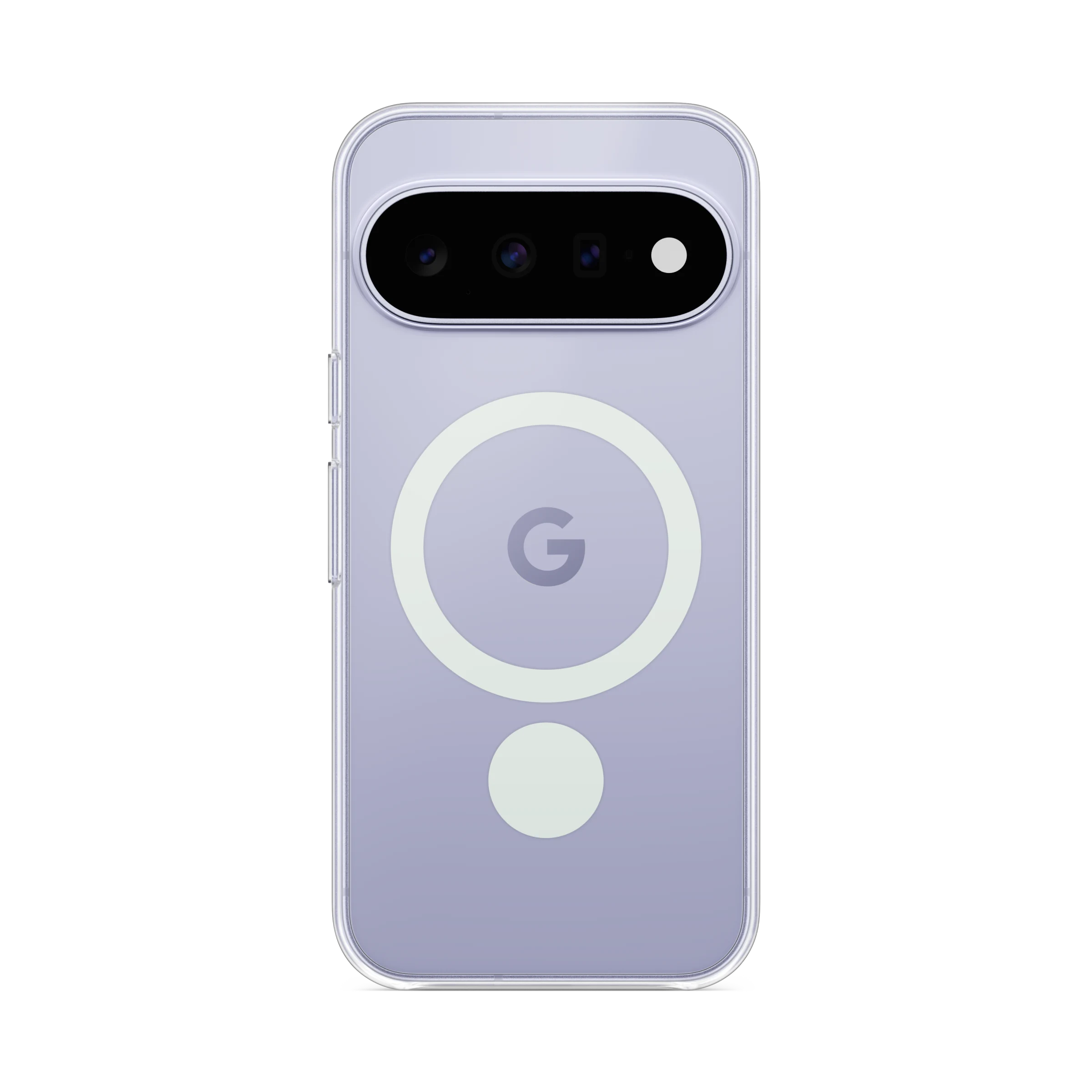Parte trasera de un smartphone morado con funda transparente, anillo de carga magnética y logo de Google.
