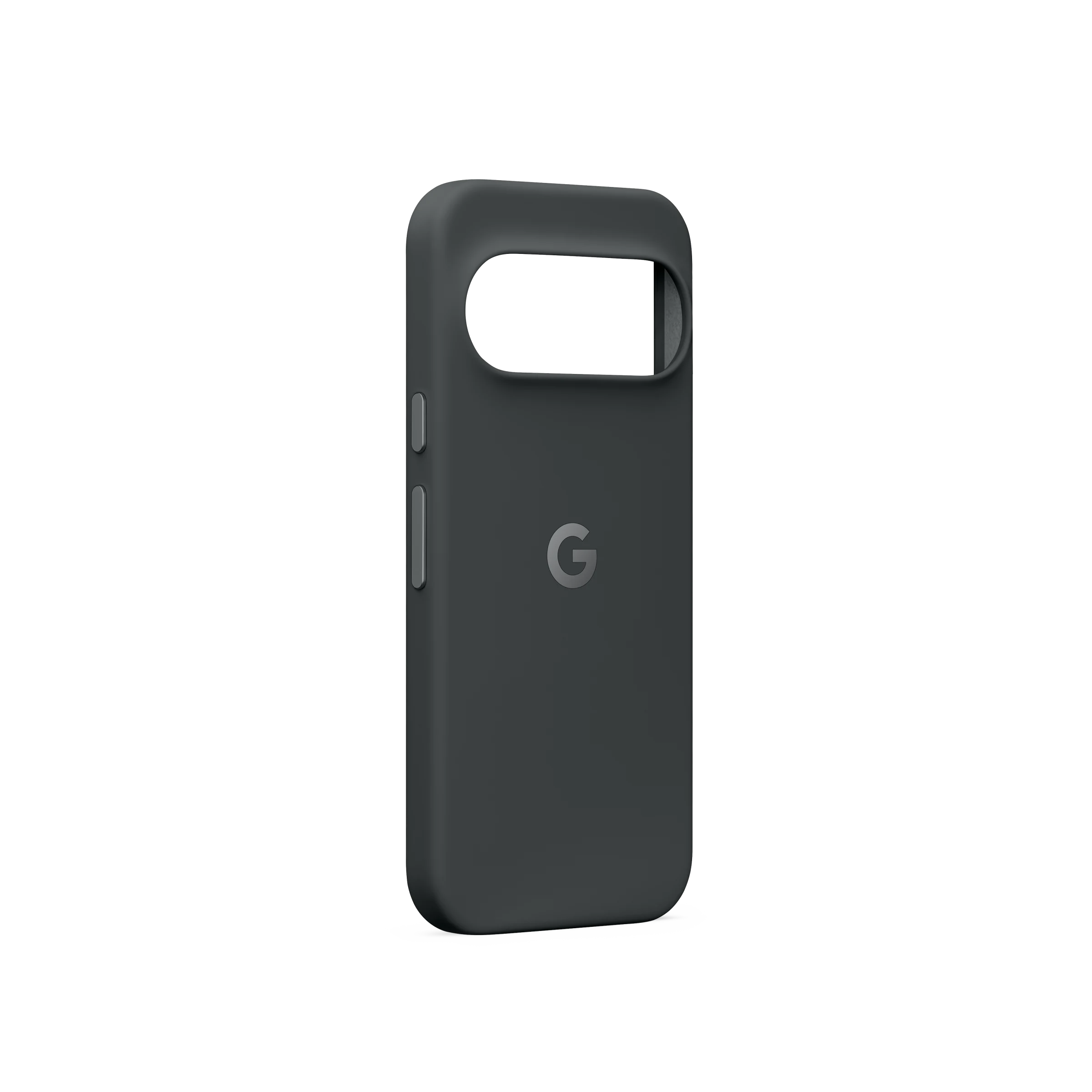 Una funda de smartphone gris oscuro con recorte para la cámara y logotipo de Google en fondo negro.