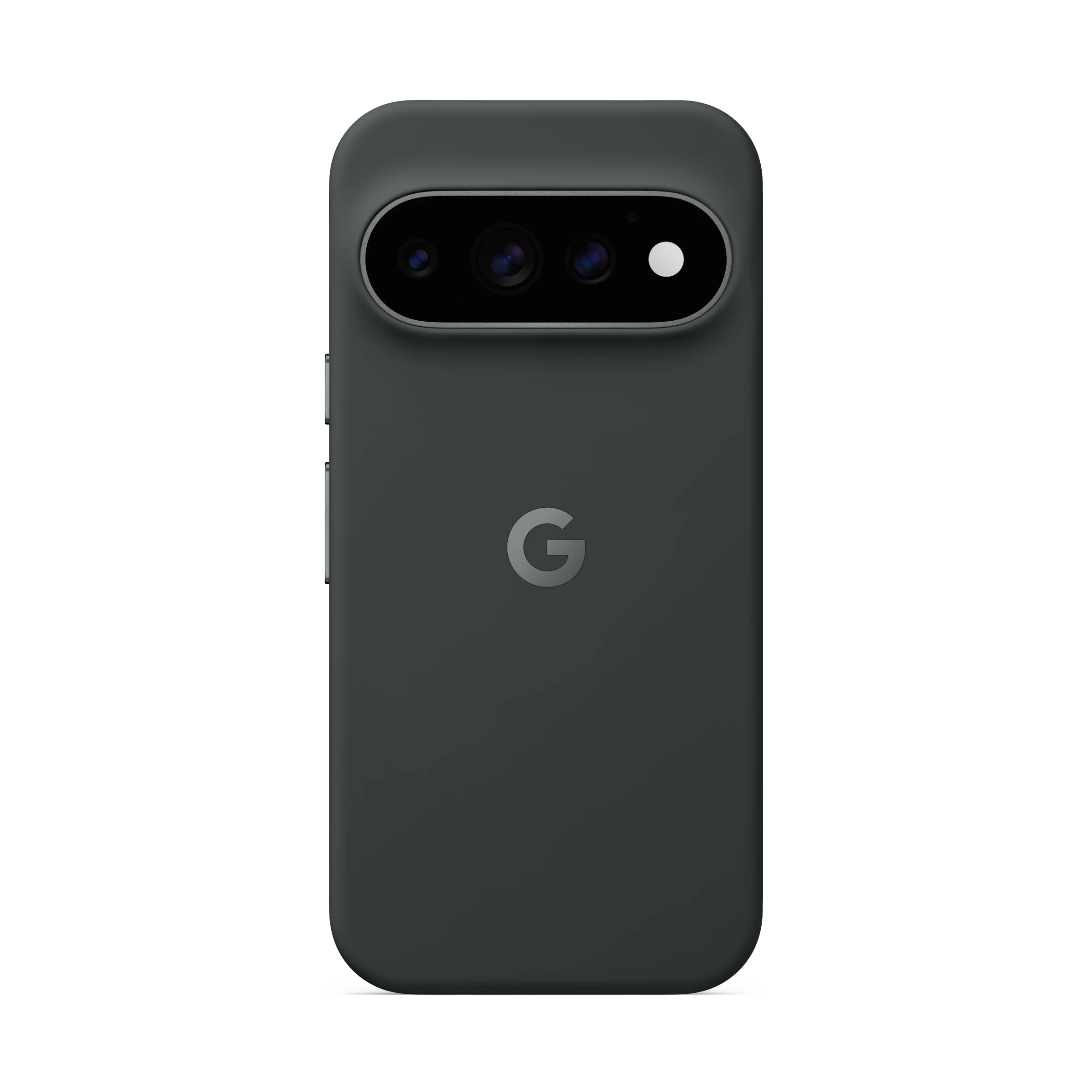 Parte trasera de un smartphone oscuro con triple cámara y logo de Google sobre fondo negro.