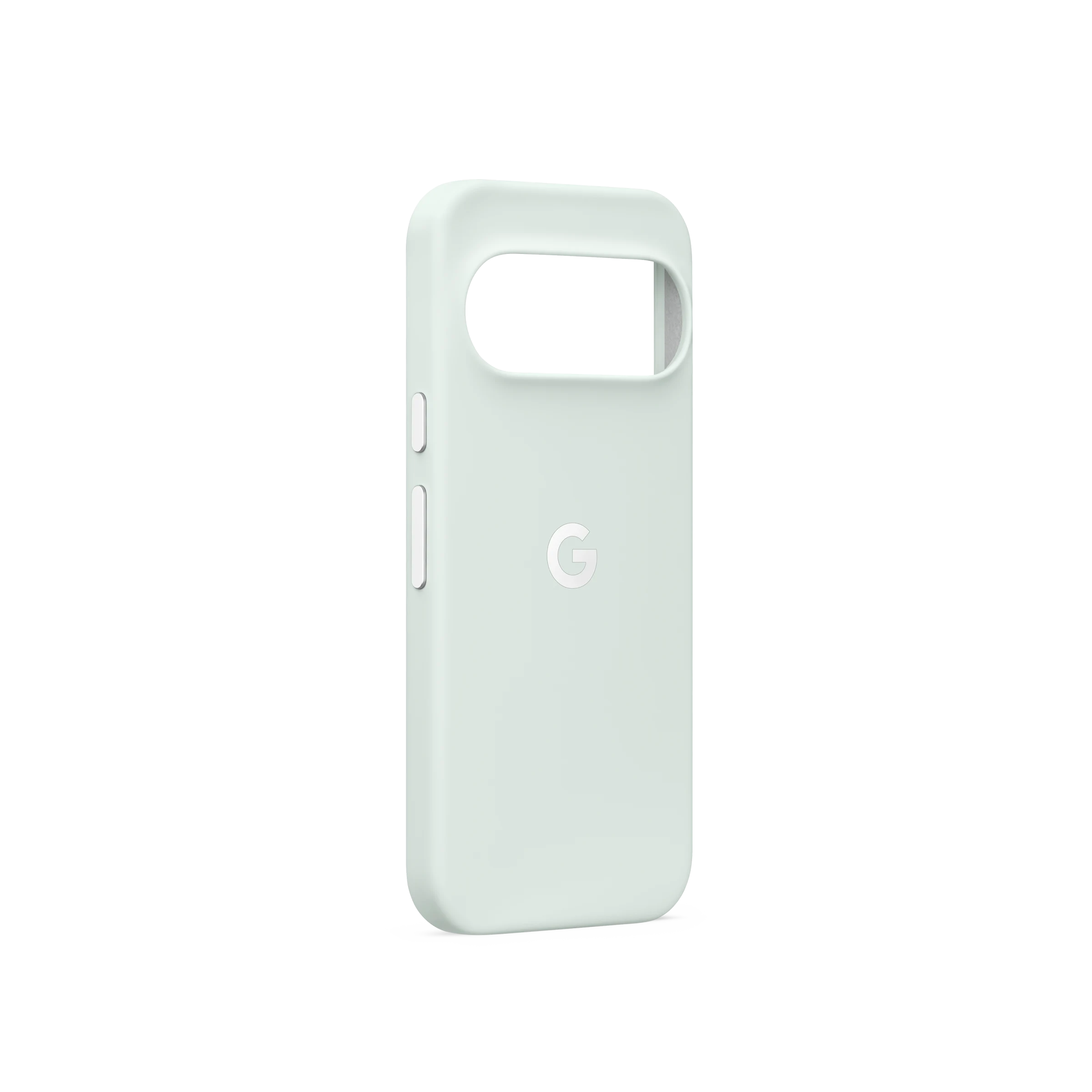 Una funda de smartphone verde claro con el logotipo de Google en la parte posterior sobre fondo negro.