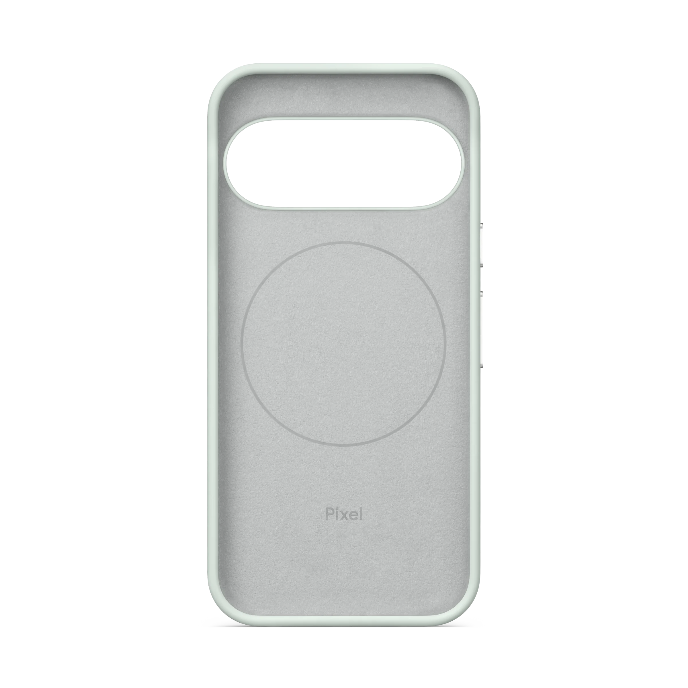 Interior de una funda de móvil Pixel verde claro con un contorno circular y el logotipo Pixel sobre fondo negro.