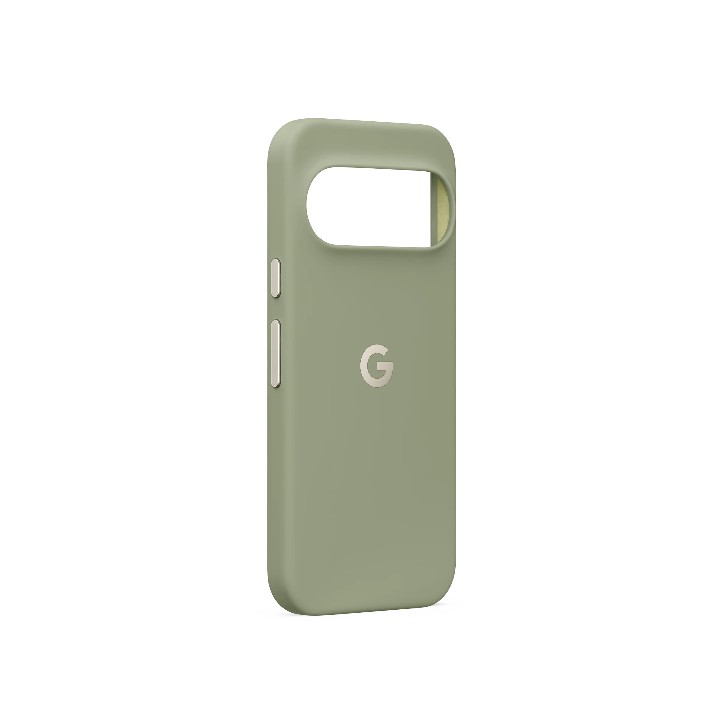Una funda verde claro para Google Pixel con recorte de cámara, botones laterales y el logo de Google sobre fondo negro.