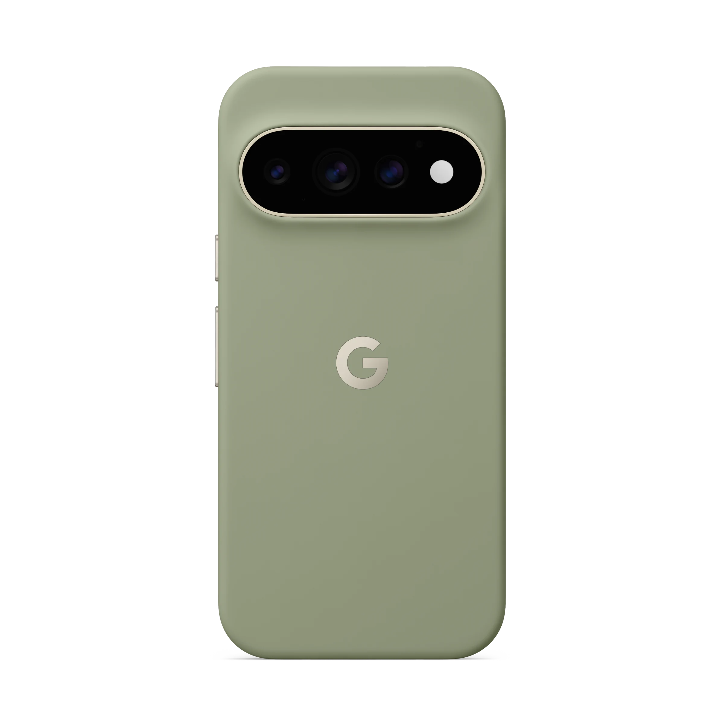Parte trasera de un smartphone verde menta con barra de cámara horizontal y logotipo de Google en fondo negro.