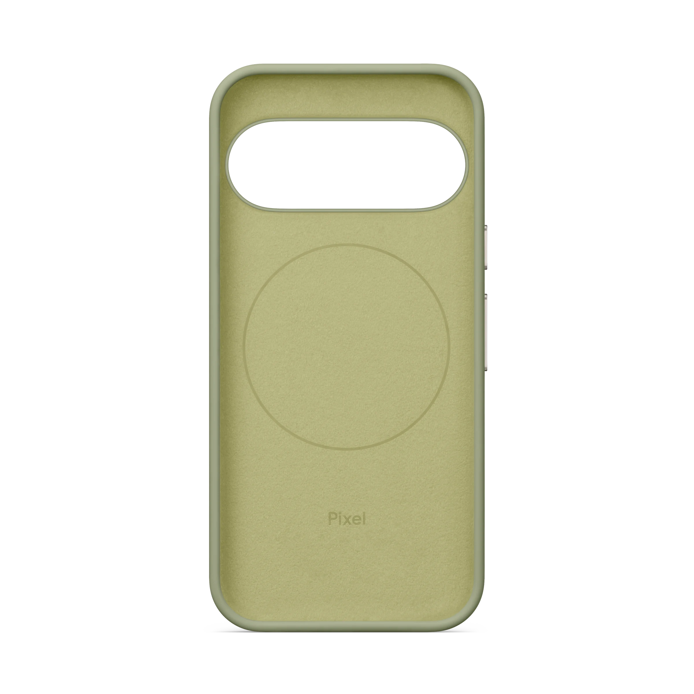 Vista interior de una funda verde oliva para Google Pixel con un anillo magnético circular y la palabra Pixel abajo.