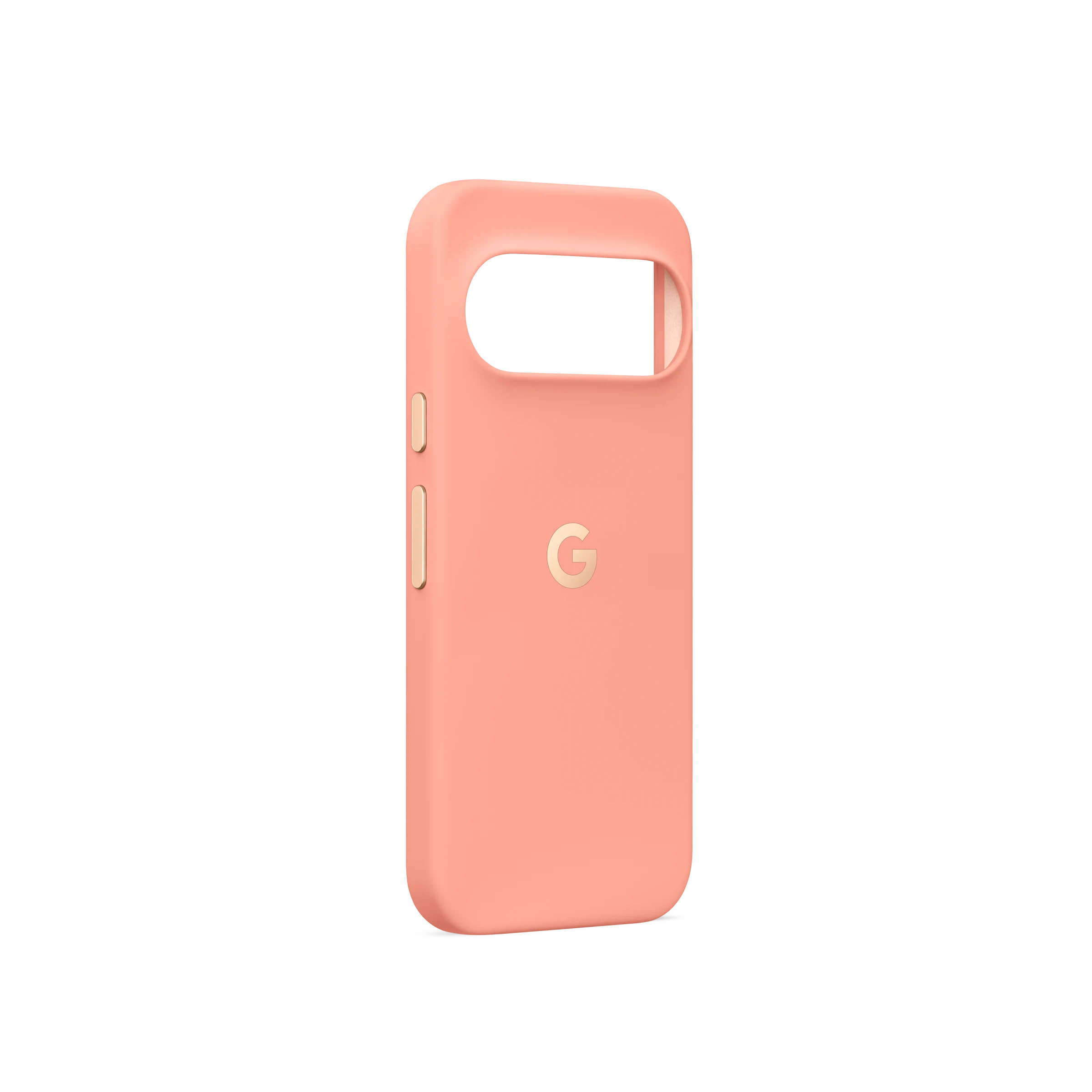Una funda de smartphone rosa con el logo dorado de Google sobre fondo negro.
