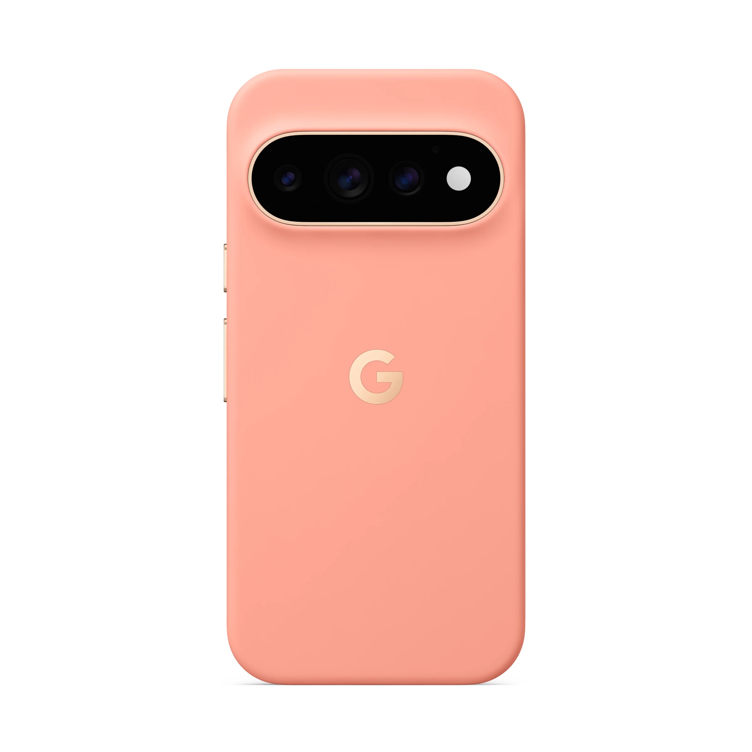 Vista trasera de un smartphone Google color coral con una barra de cámara horizontal y logotipo G dorado.