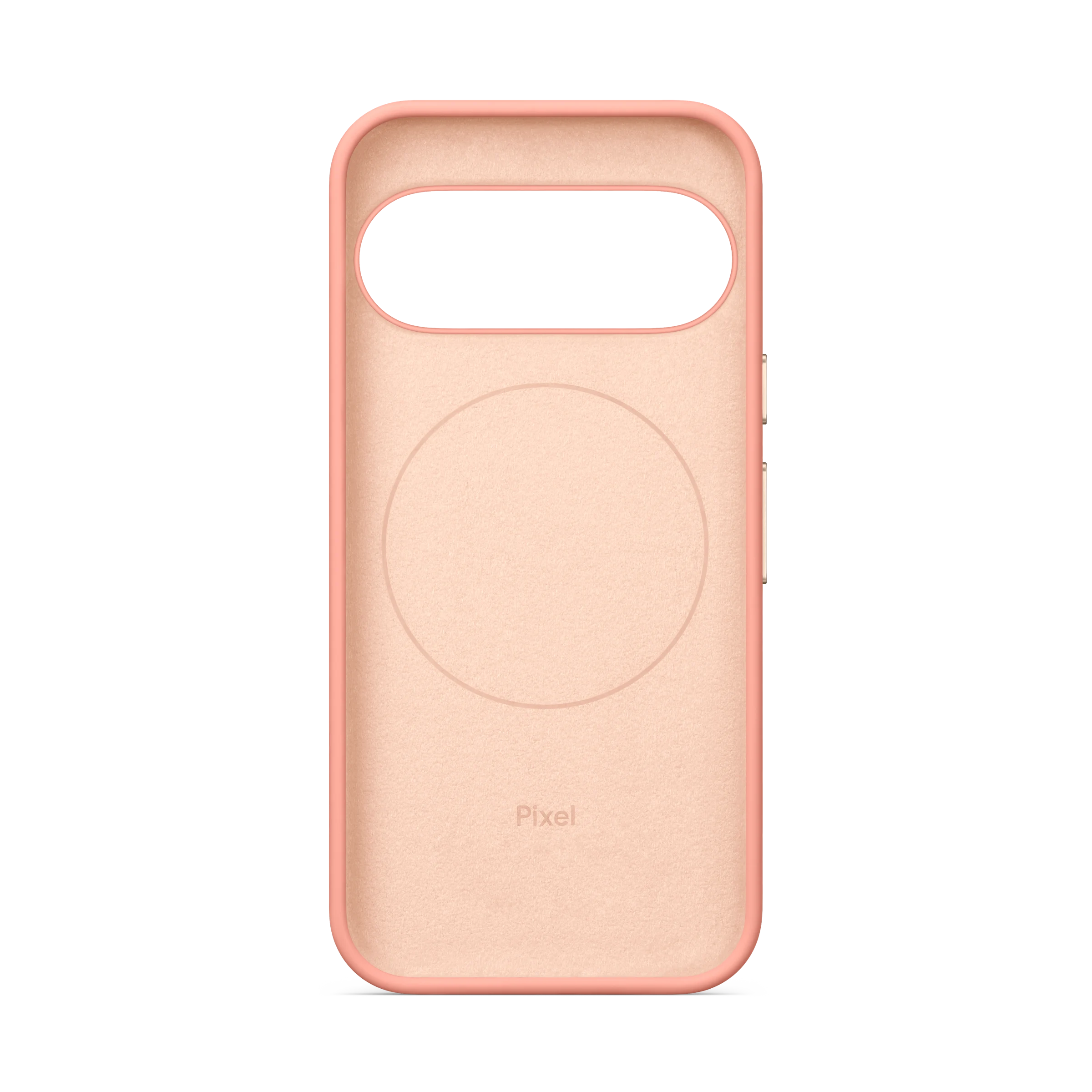Vista interior de una funda de teléfono Pixel rosa con una marca circular sobre fondo negro.