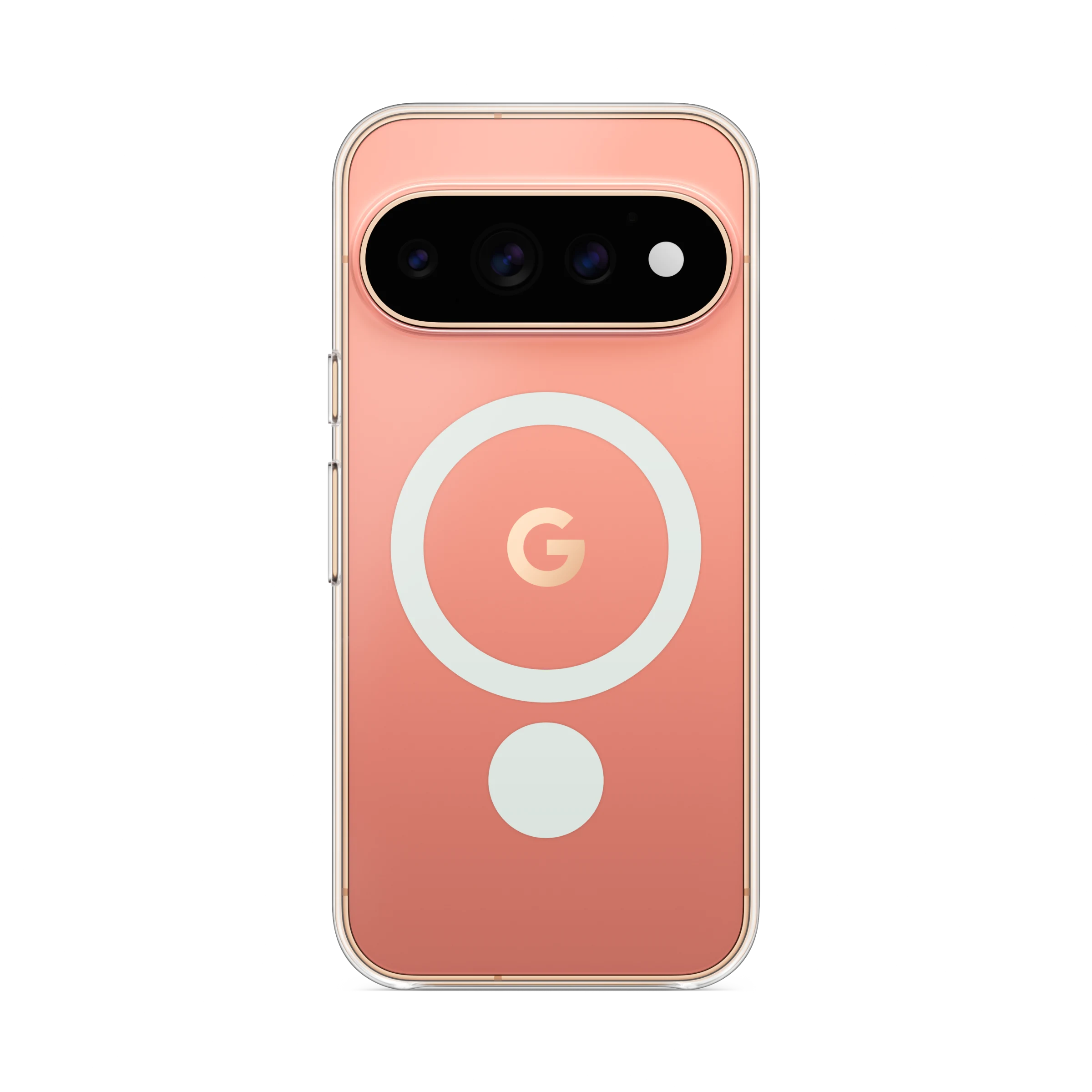 Parte trasera de un smartphone rosa con cámara y anillo magnético dentro de una funda transparente.