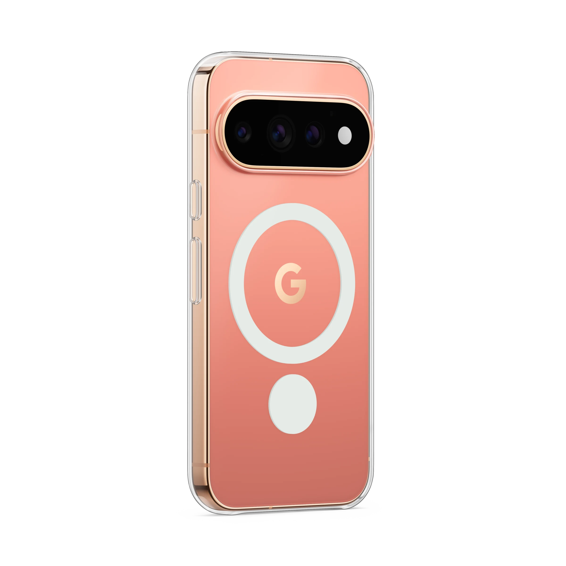 Smartphone rosa en funda transparente con anillo MagSafe y logo de Google sobre fondo negro.