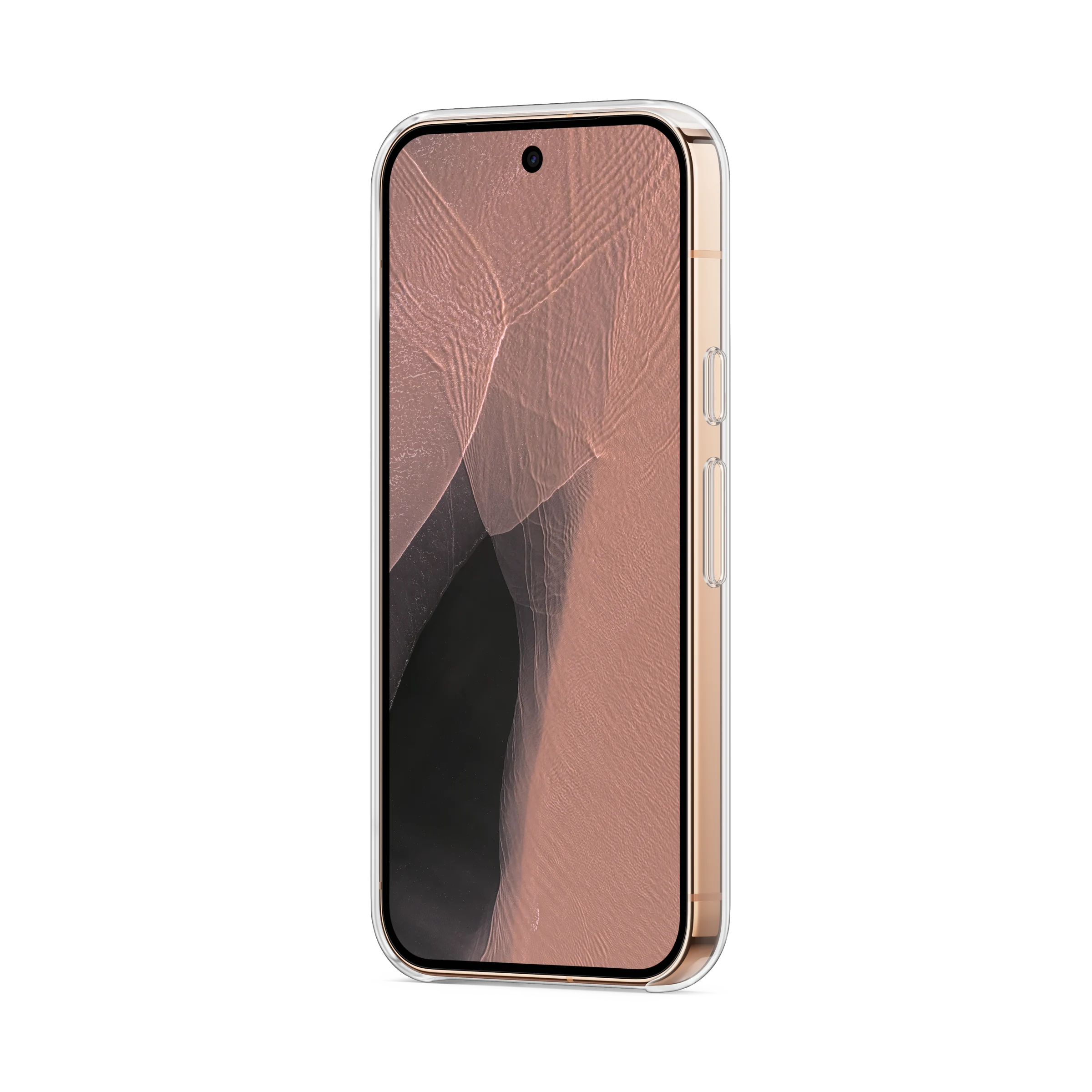 Un teléfono dorado con funda transparente y pantalla de ondas sobre fondo negro.