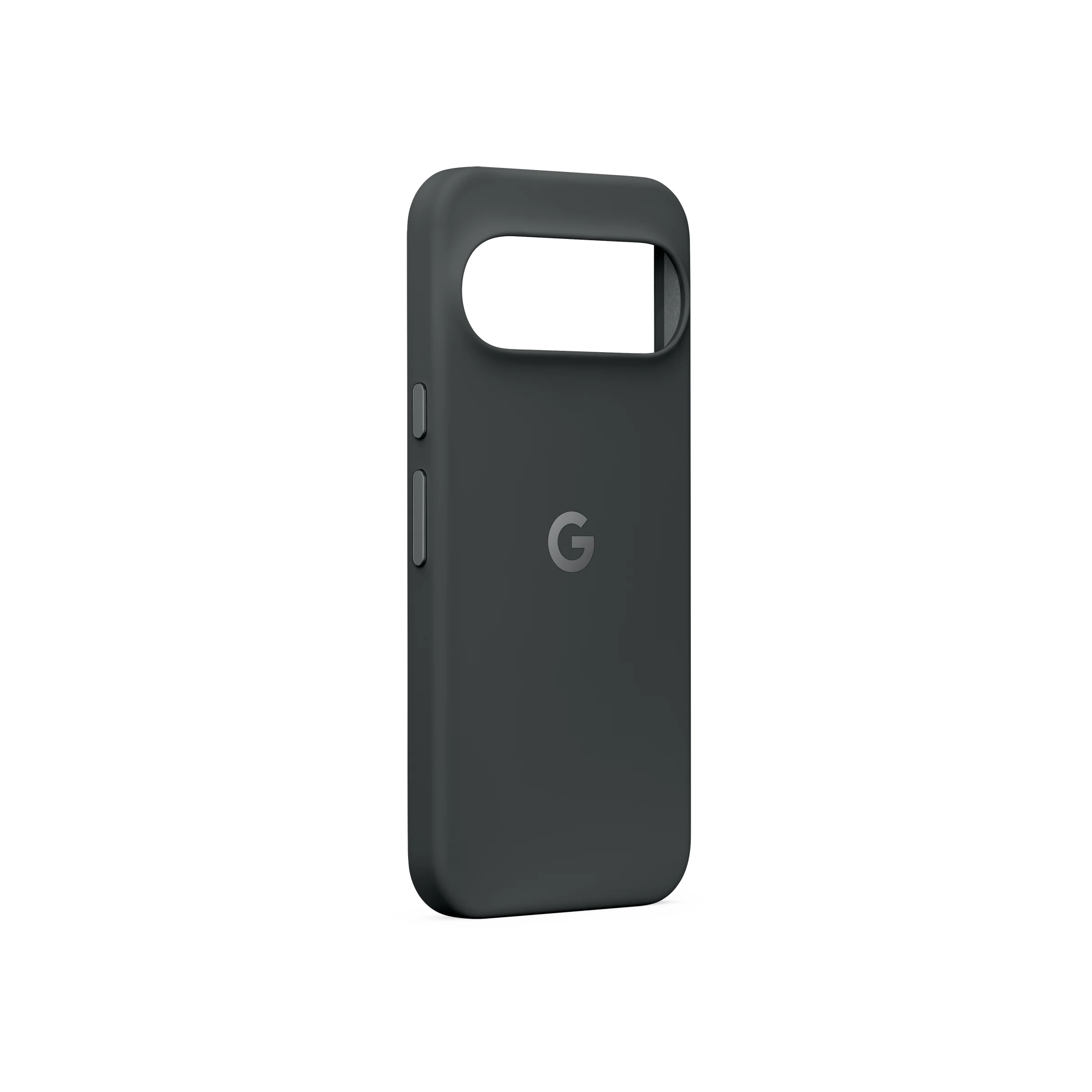 Funda de teléfono gris oscuro con el logo de Google y recorte para la cámara sobre fondo negro.