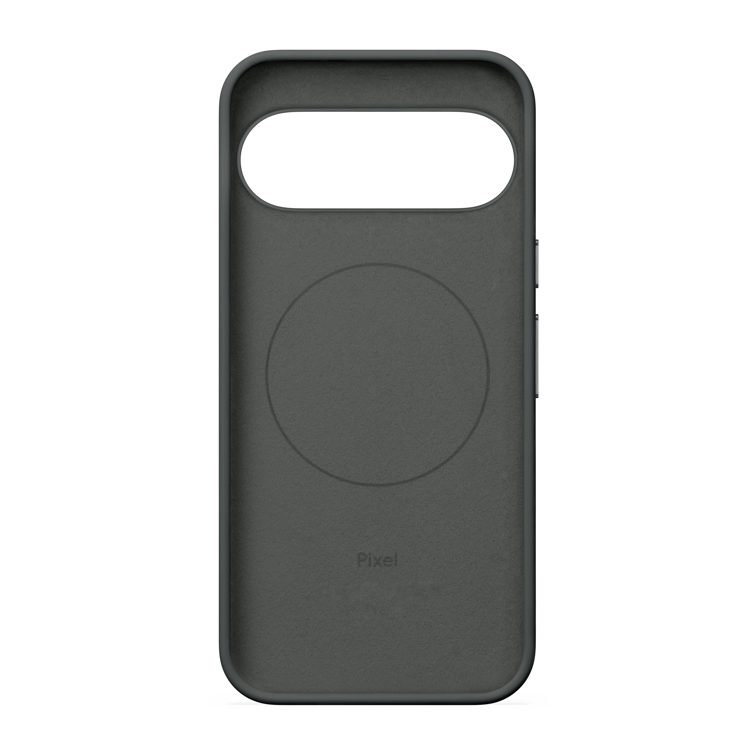 Vista interior de una funda de móvil gris con anillo magnético circular y logotipo de Pixel sobre fondo negro.