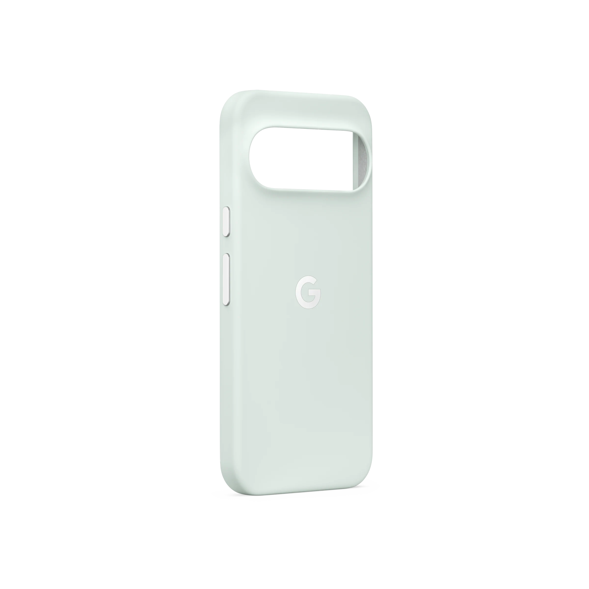 Una funda de teléfono verde claro con recorte para cámara y logo de Google en fondo negro.