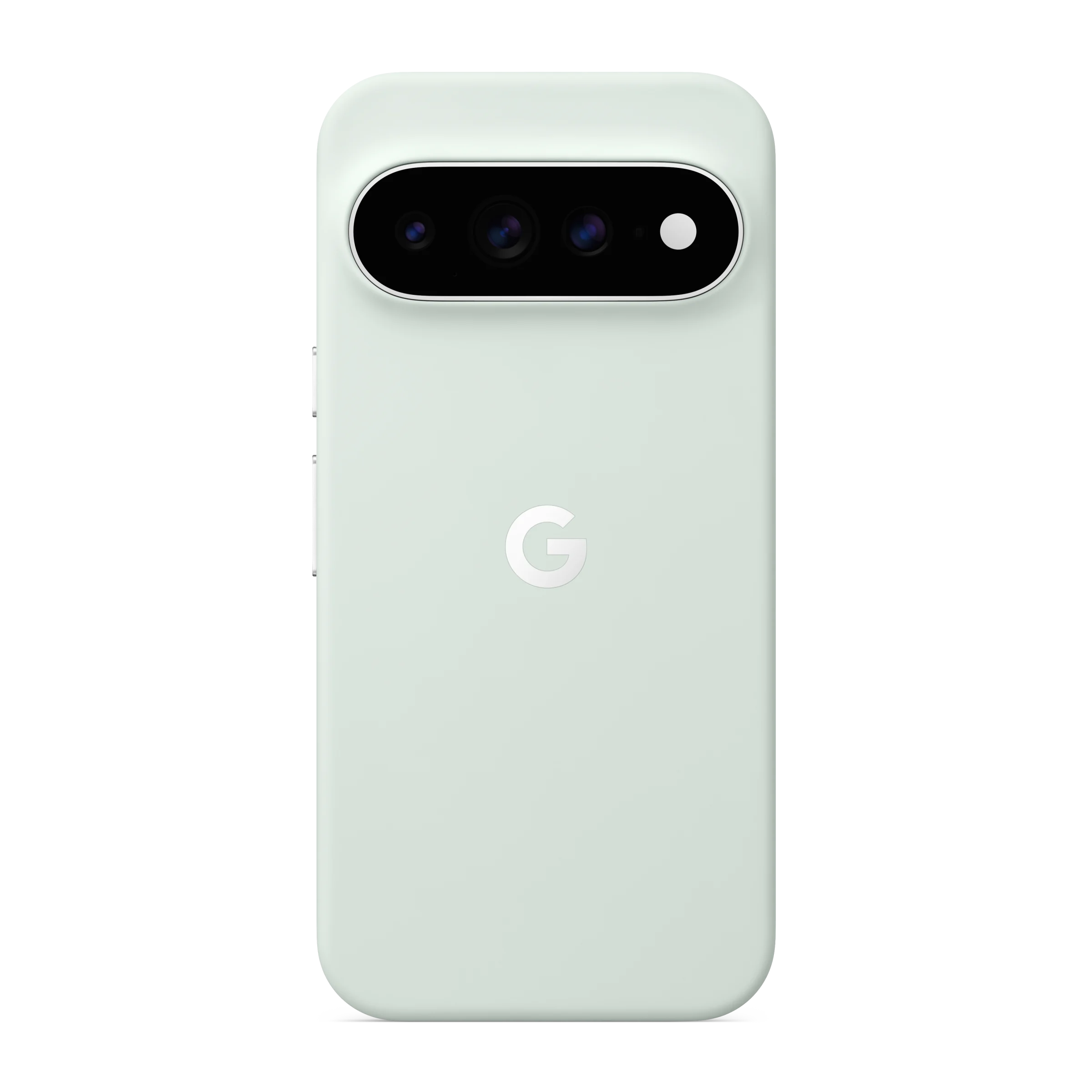 Parte trasera de un smartphone Google Pixel verde menta con cámara horizontal y logotipo de Google sobre fondo negro.
