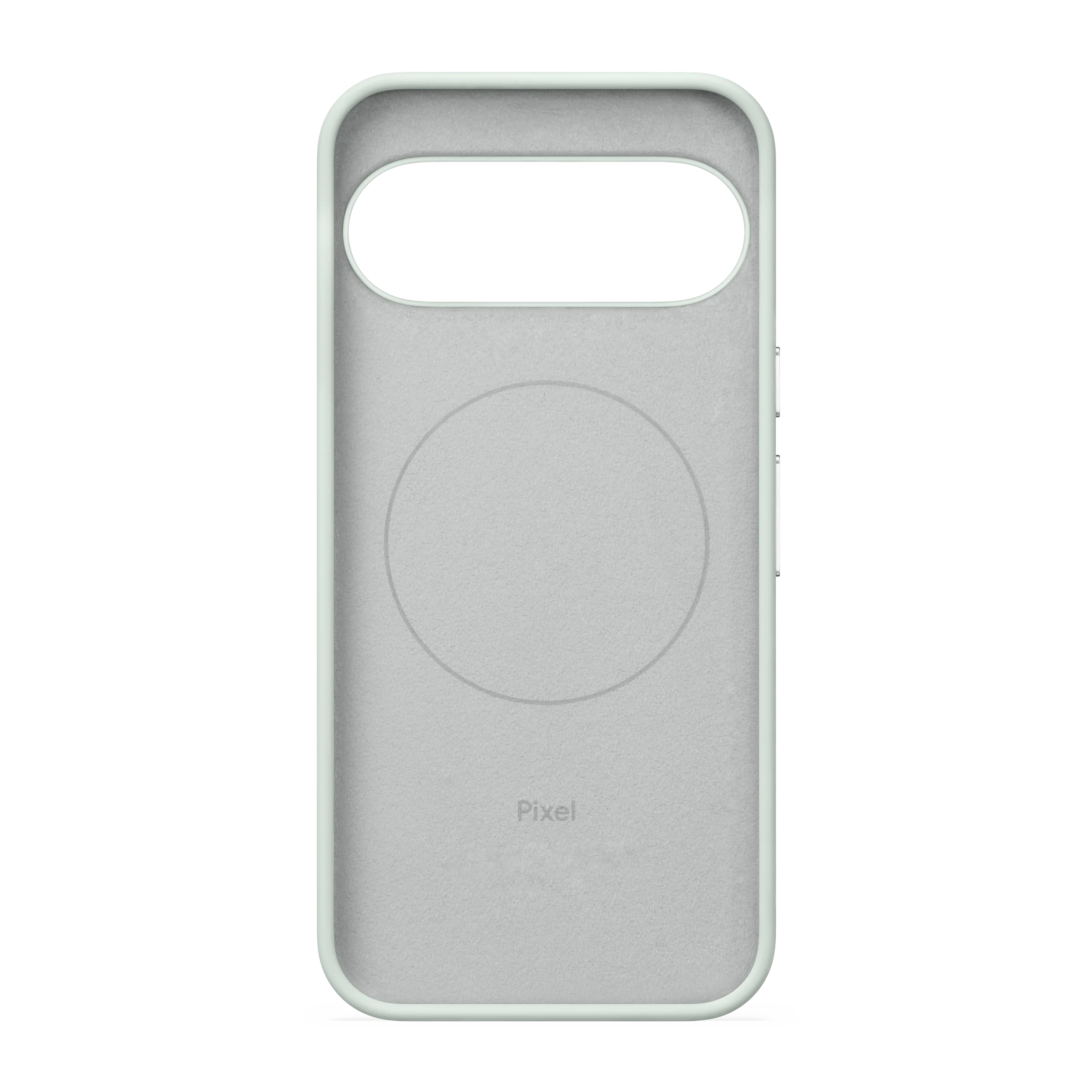 Vista interior de una funda de móvil Pixel verde claro con un círculo magnético impreso y el logo de Pixel sobre fondo negro.