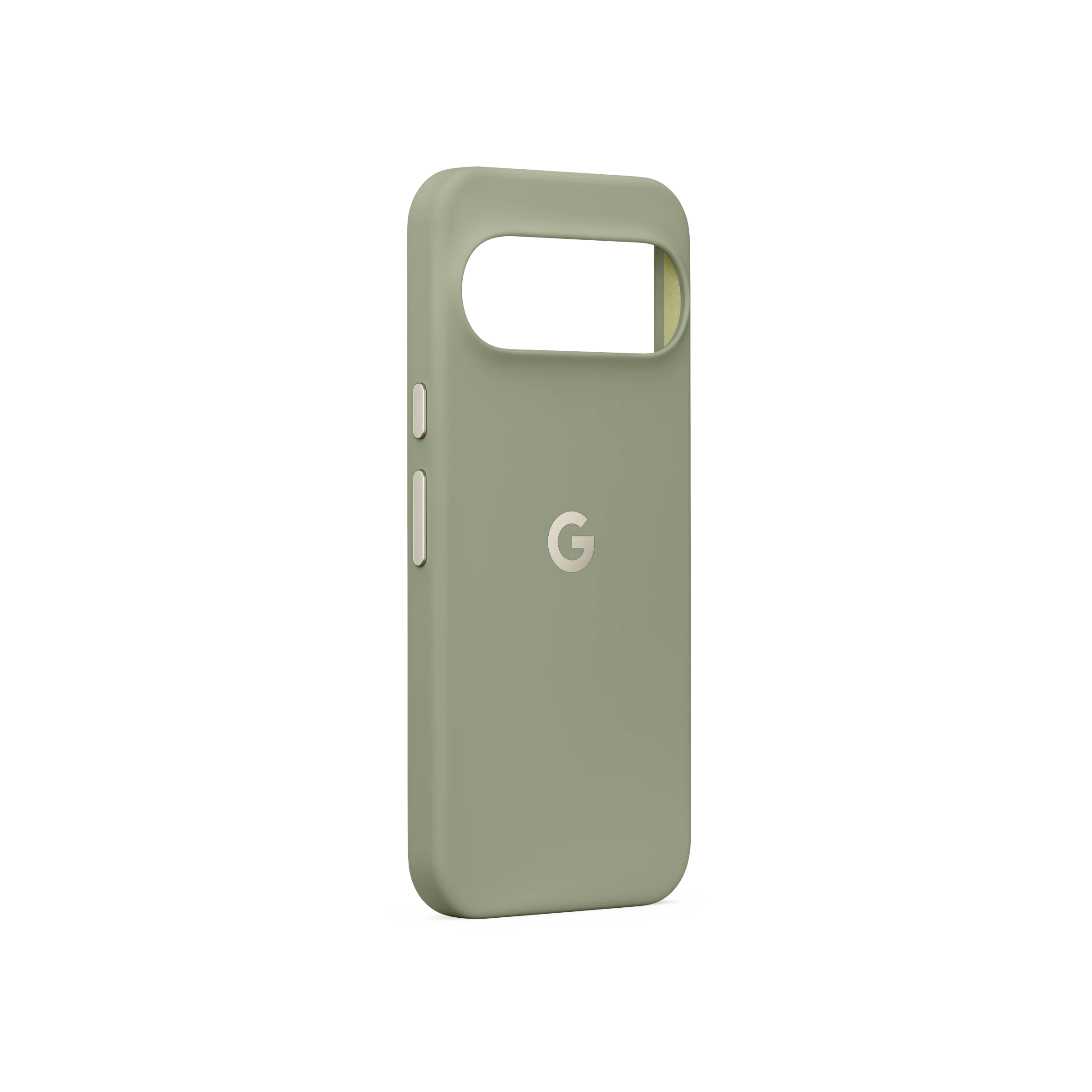 Eine matte, hellgrüne Smartphone-Hülle mit dem Google-Logo auf der Rückseite vor schwarzem Hintergrund.